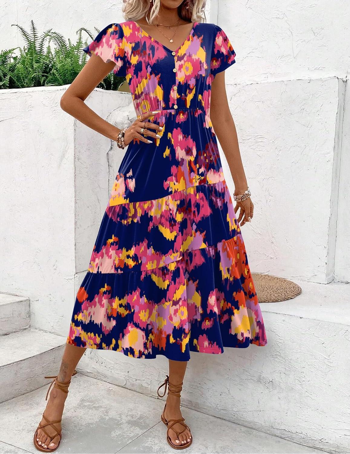 imageZeagoo Womens Summer Casual Dress Flutter Short Sleeve V Neck Button Down Tiered Flowy Long Dress with PocketsFloral1