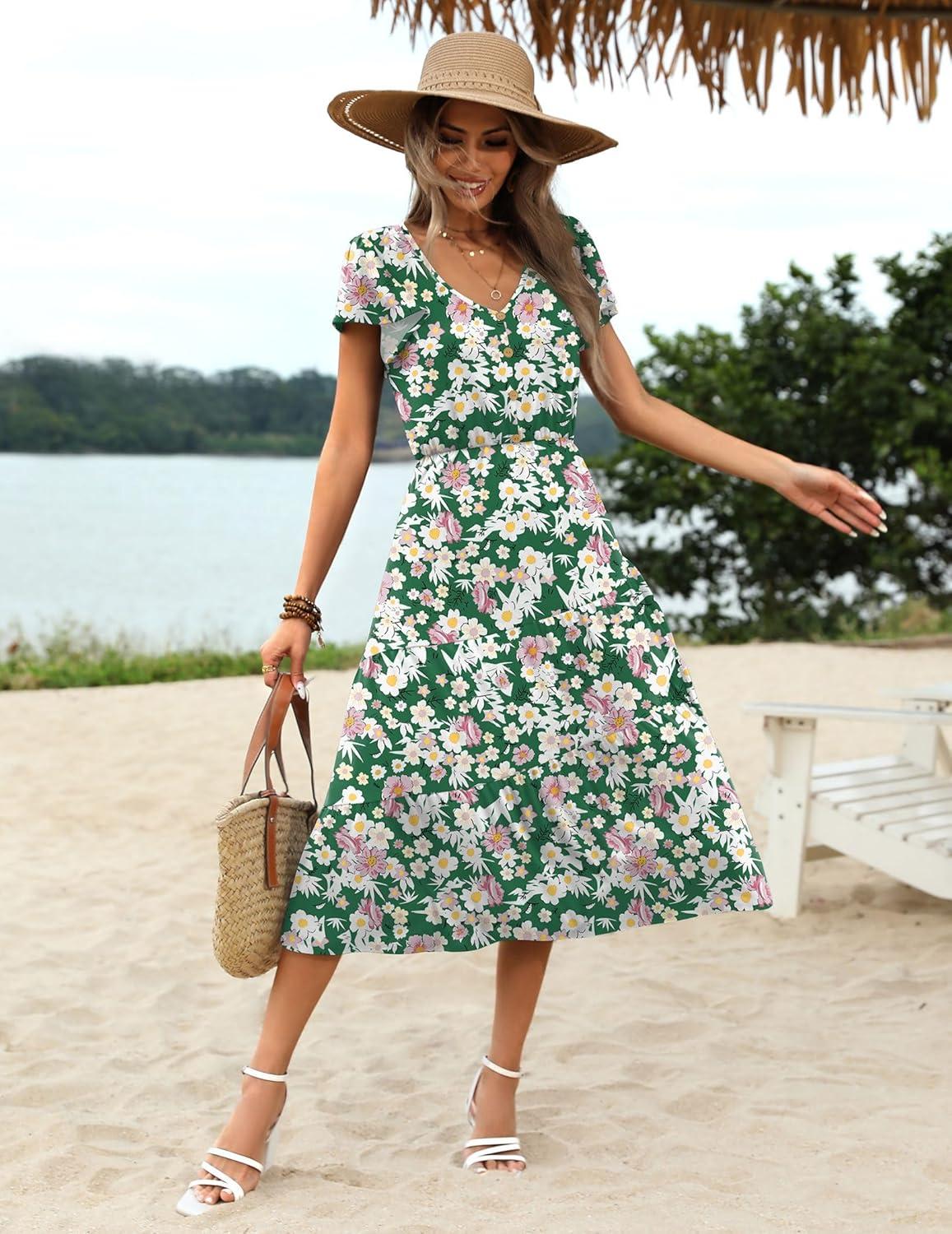 imageZeagoo Womens Summer Casual Dress Flutter Short Sleeve V Neck Button Down Tiered Flowy Long Dress with PocketsFloral2