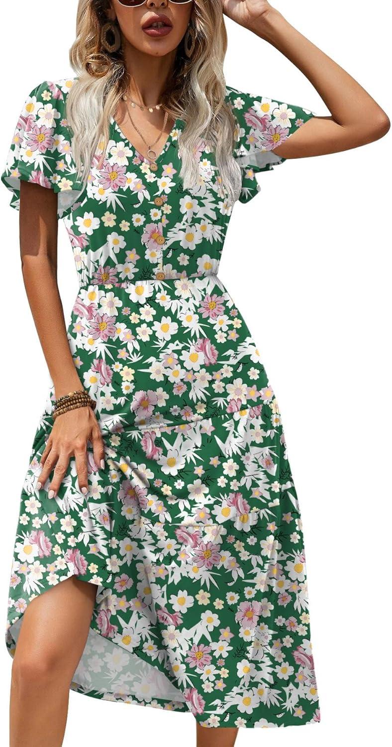 imageZeagoo Womens Summer Casual Dress Flutter Short Sleeve V Neck Button Down Tiered Flowy Long Dress with PocketsFloral2