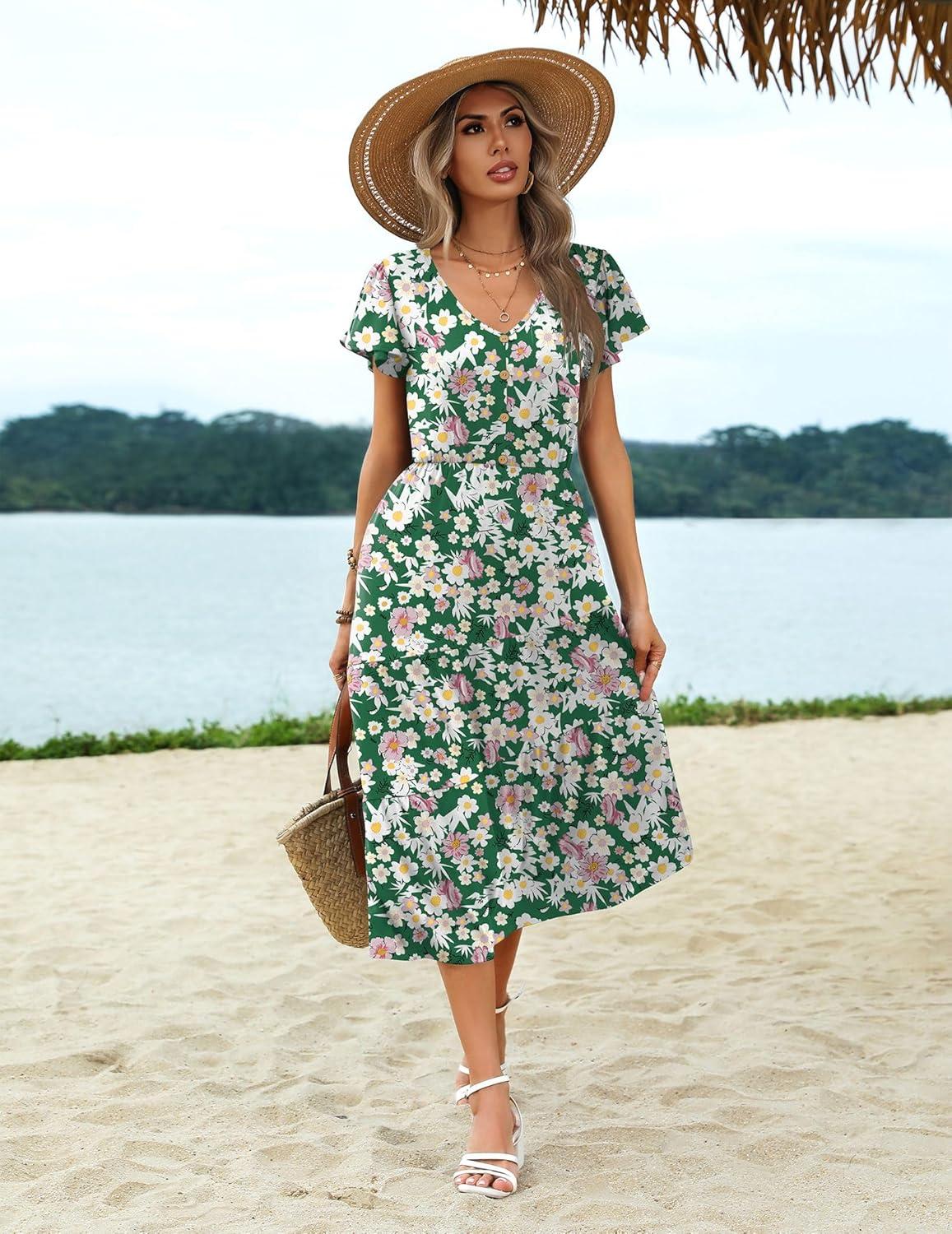 imageZeagoo Womens Summer Casual Dress Flutter Short Sleeve V Neck Button Down Tiered Flowy Long Dress with PocketsFloral2