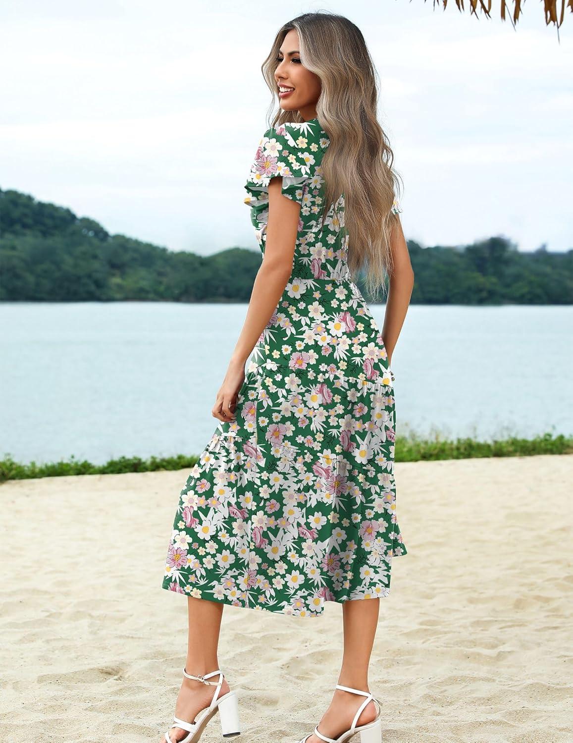 imageZeagoo Womens Summer Casual Dress Flutter Short Sleeve V Neck Button Down Tiered Flowy Long Dress with PocketsFloral2