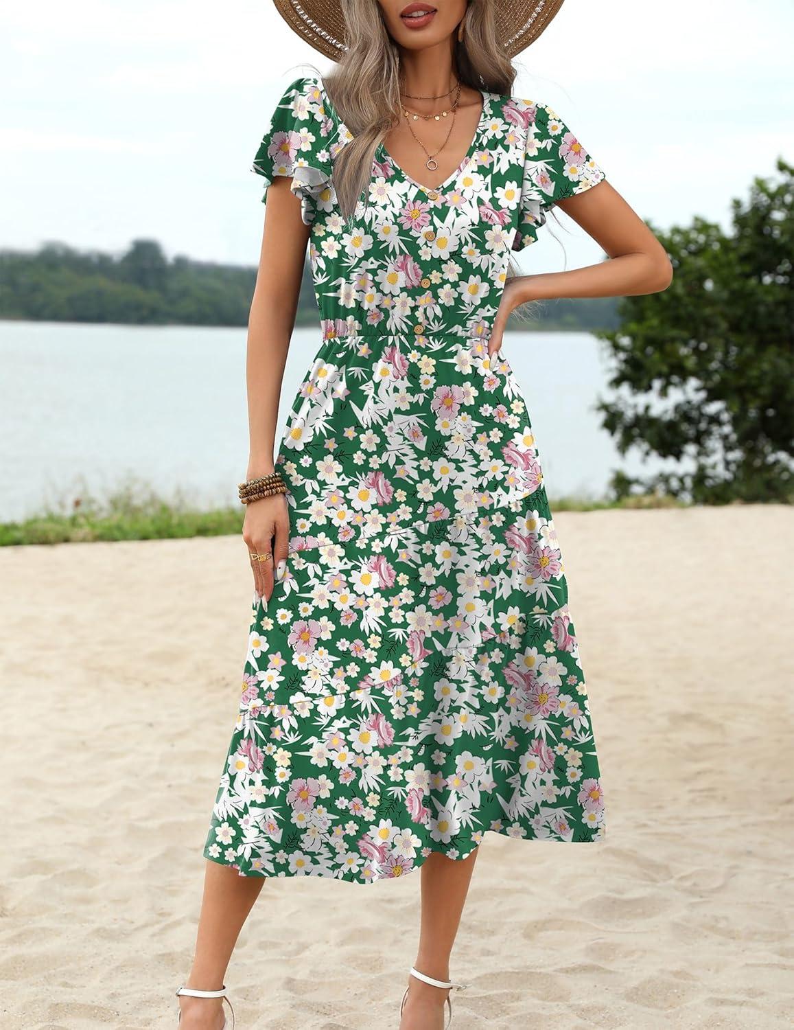 imageZeagoo Womens Summer Casual Dress Flutter Short Sleeve V Neck Button Down Tiered Flowy Long Dress with PocketsFloral2