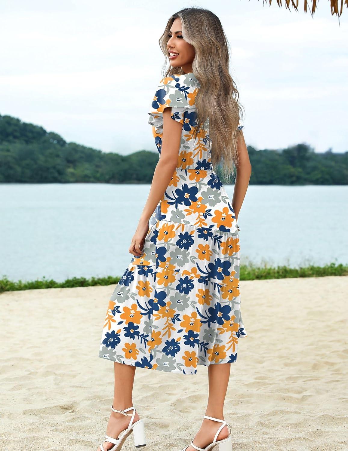 imageZeagoo Womens Summer Casual Dress Flutter Short Sleeve V Neck Button Down Tiered Flowy Long Dress with PocketsFloral3