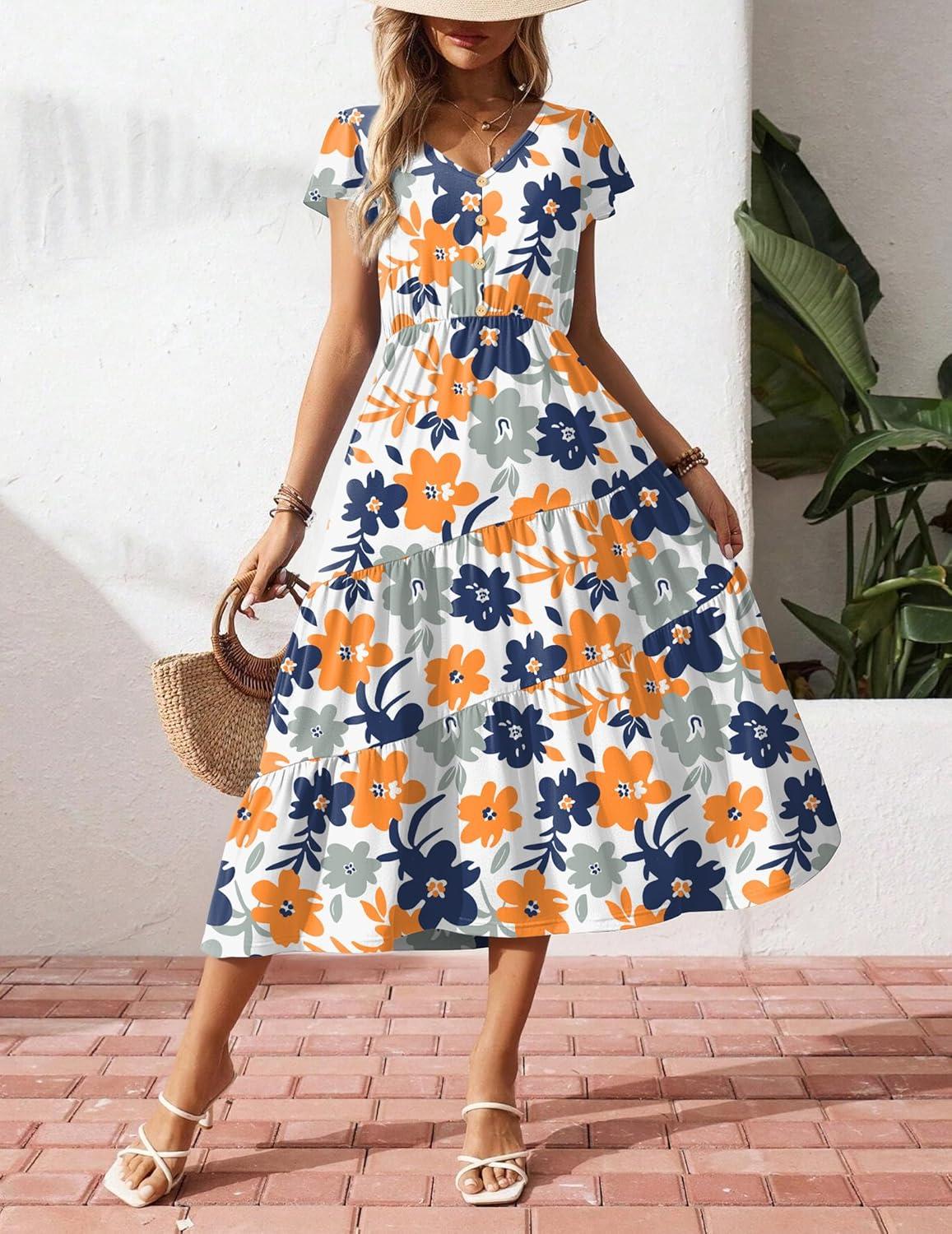 imageZeagoo Womens Summer Casual Dress Flutter Short Sleeve V Neck Button Down Tiered Flowy Long Dress with PocketsFloral3