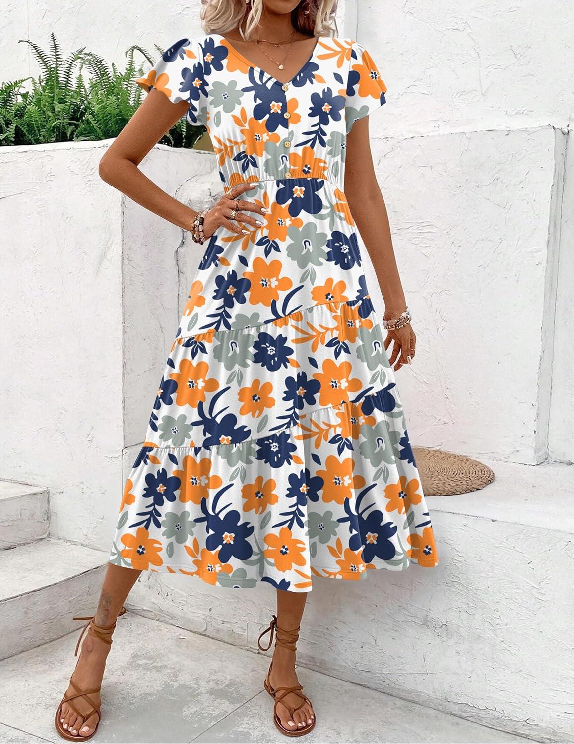 imageZeagoo Womens Summer Casual Dress Flutter Short Sleeve V Neck Button Down Tiered Flowy Long Dress with PocketsFloral3