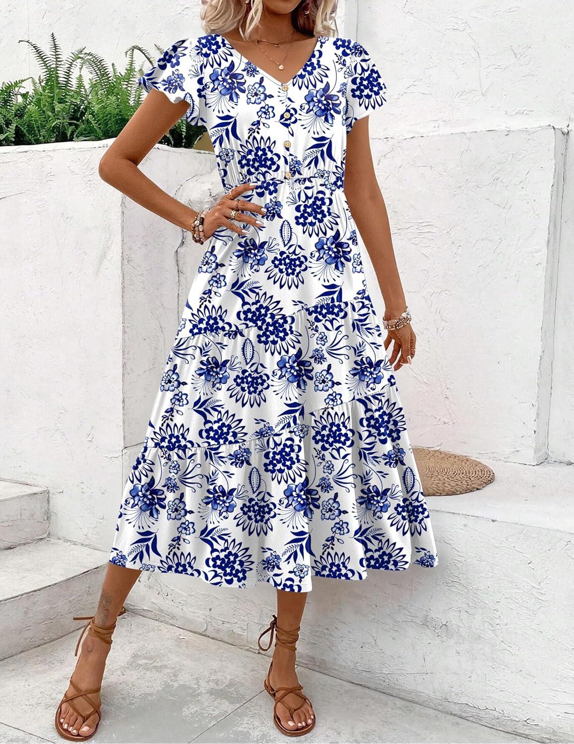 imageZeagoo Womens Summer Casual Dress Flutter Short Sleeve V Neck Button Down Tiered Flowy Long Dress with PocketsFloral4