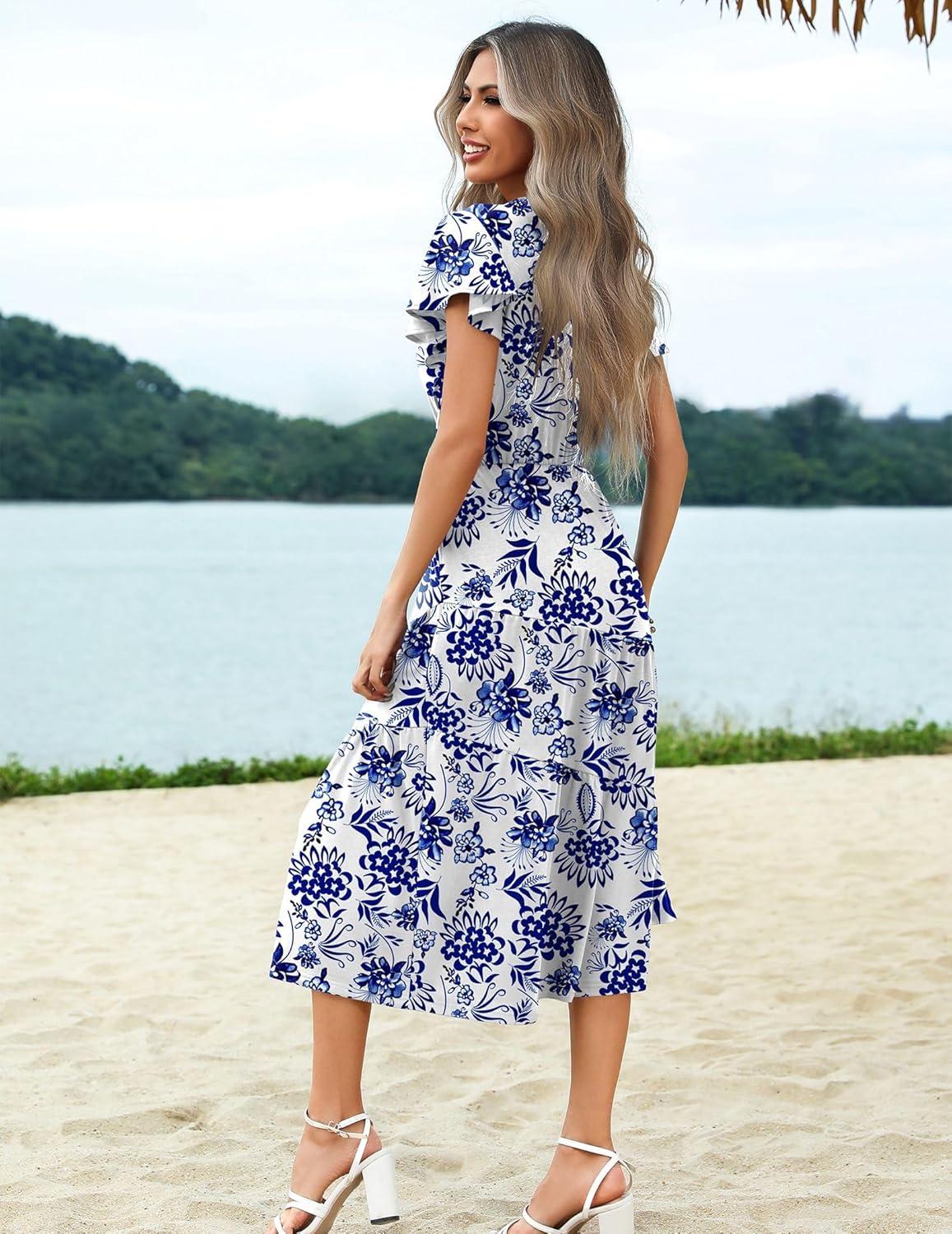 imageZeagoo Womens Summer Casual Dress Flutter Short Sleeve V Neck Button Down Tiered Flowy Long Dress with PocketsFloral4