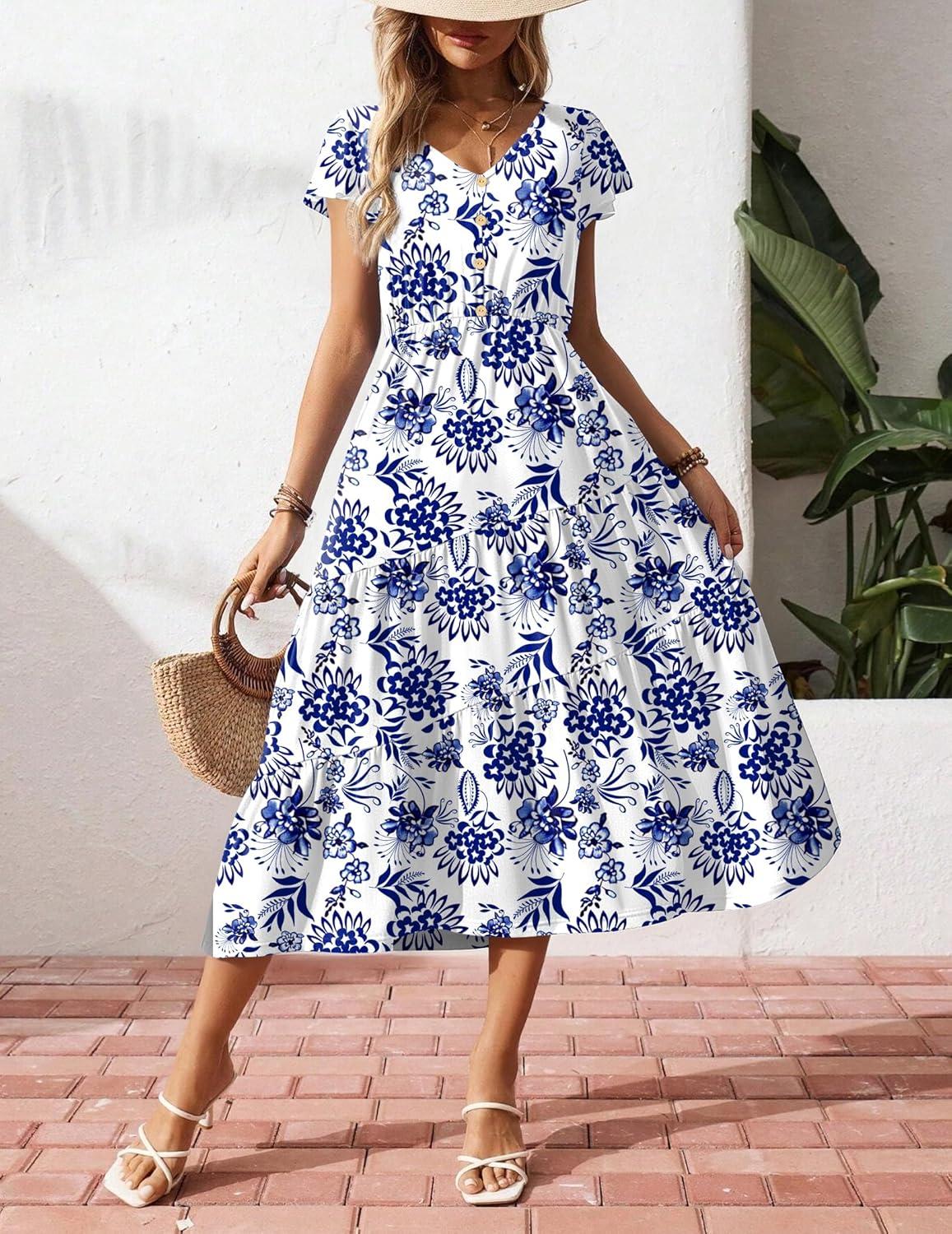 imageZeagoo Womens Summer Casual Dress Flutter Short Sleeve V Neck Button Down Tiered Flowy Long Dress with PocketsFloral4