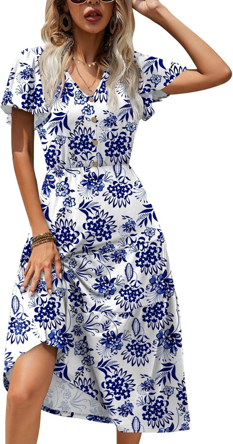 imageZeagoo Womens Summer Casual Dress Flutter Short Sleeve V Neck Button Down Tiered Flowy Long Dress with PocketsFloral4