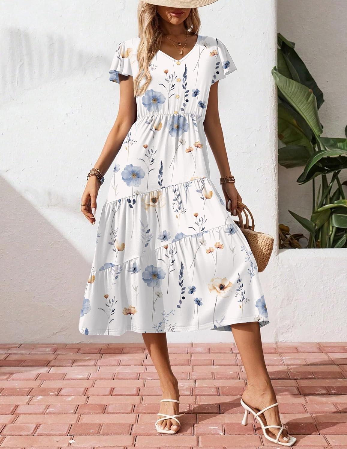 imageZeagoo Womens Summer Casual Dress Flutter Short Sleeve V Neck Button Down Tiered Flowy Long Dress with PocketsFloralbf112