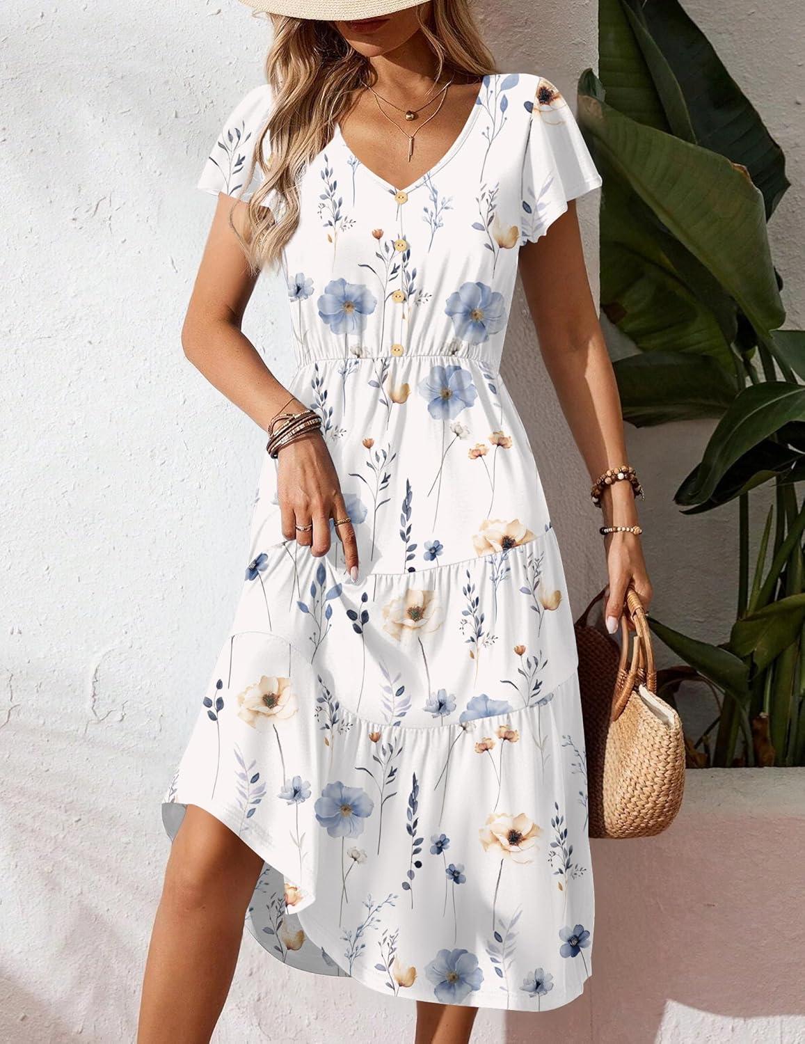 imageZeagoo Womens Summer Casual Dress Flutter Short Sleeve V Neck Button Down Tiered Flowy Long Dress with PocketsFloralbf112