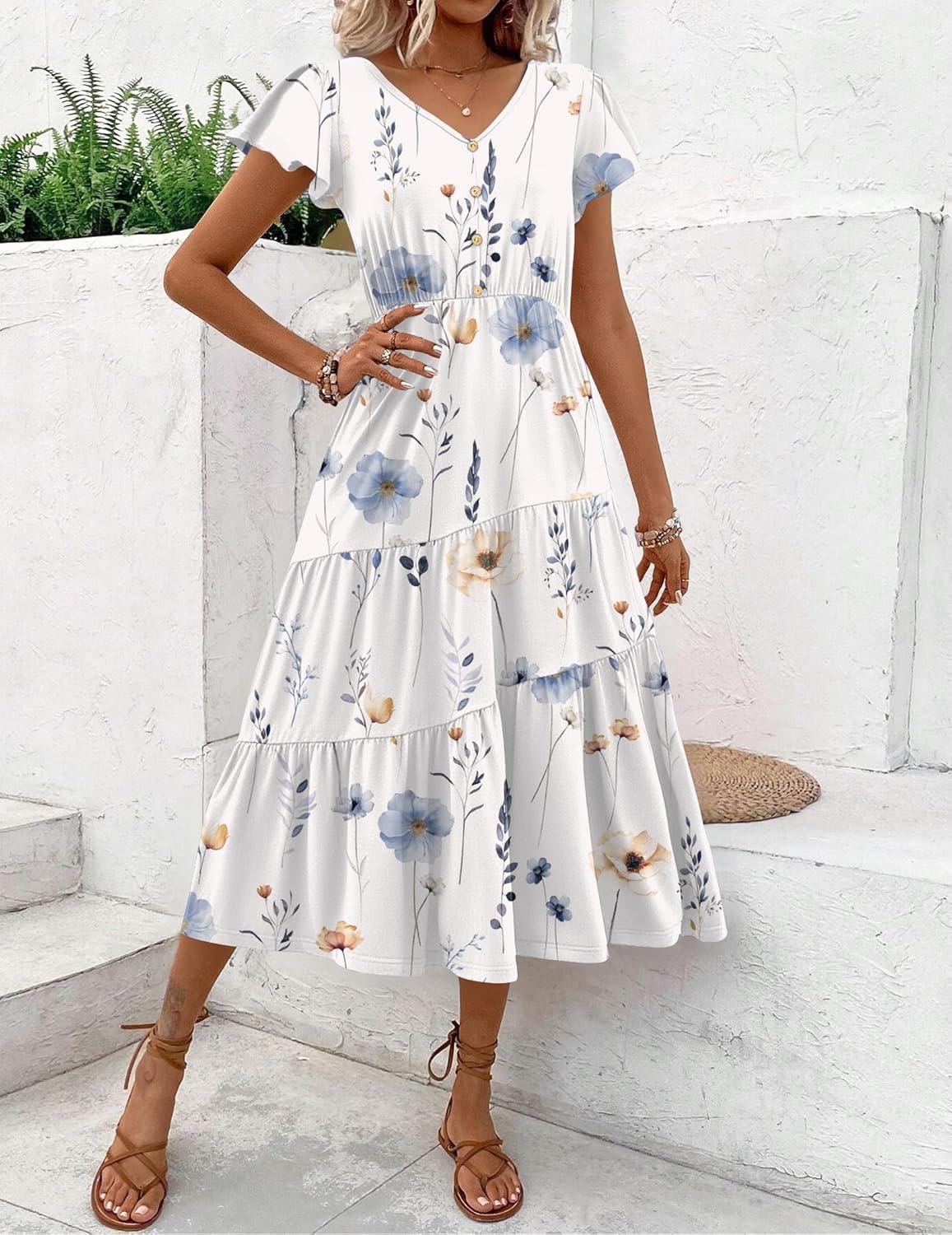 imageZeagoo Womens Summer Casual Dress Flutter Short Sleeve V Neck Button Down Tiered Flowy Long Dress with PocketsFloralbf112