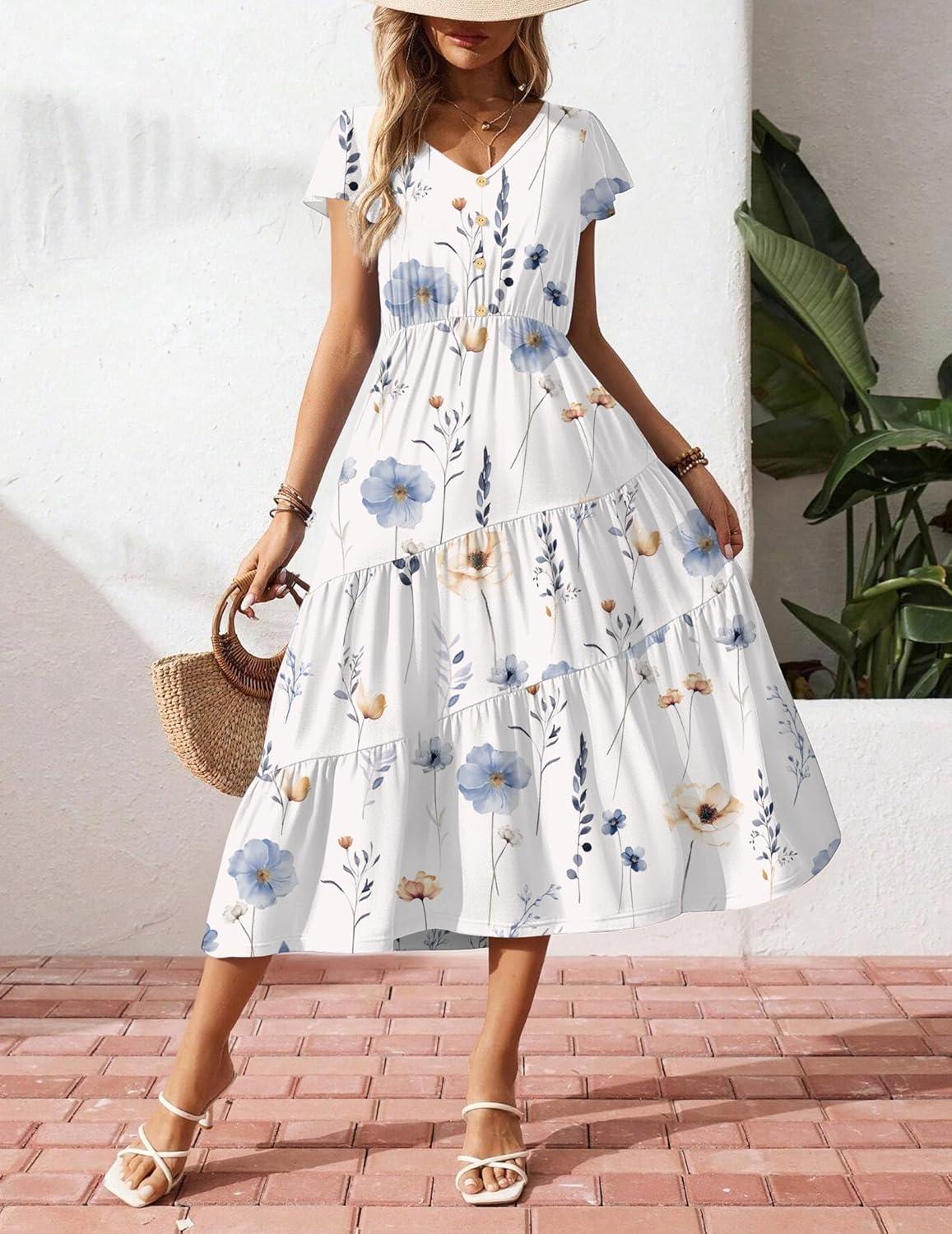 imageZeagoo Womens Summer Casual Dress Flutter Short Sleeve V Neck Button Down Tiered Flowy Long Dress with PocketsFloralbf112