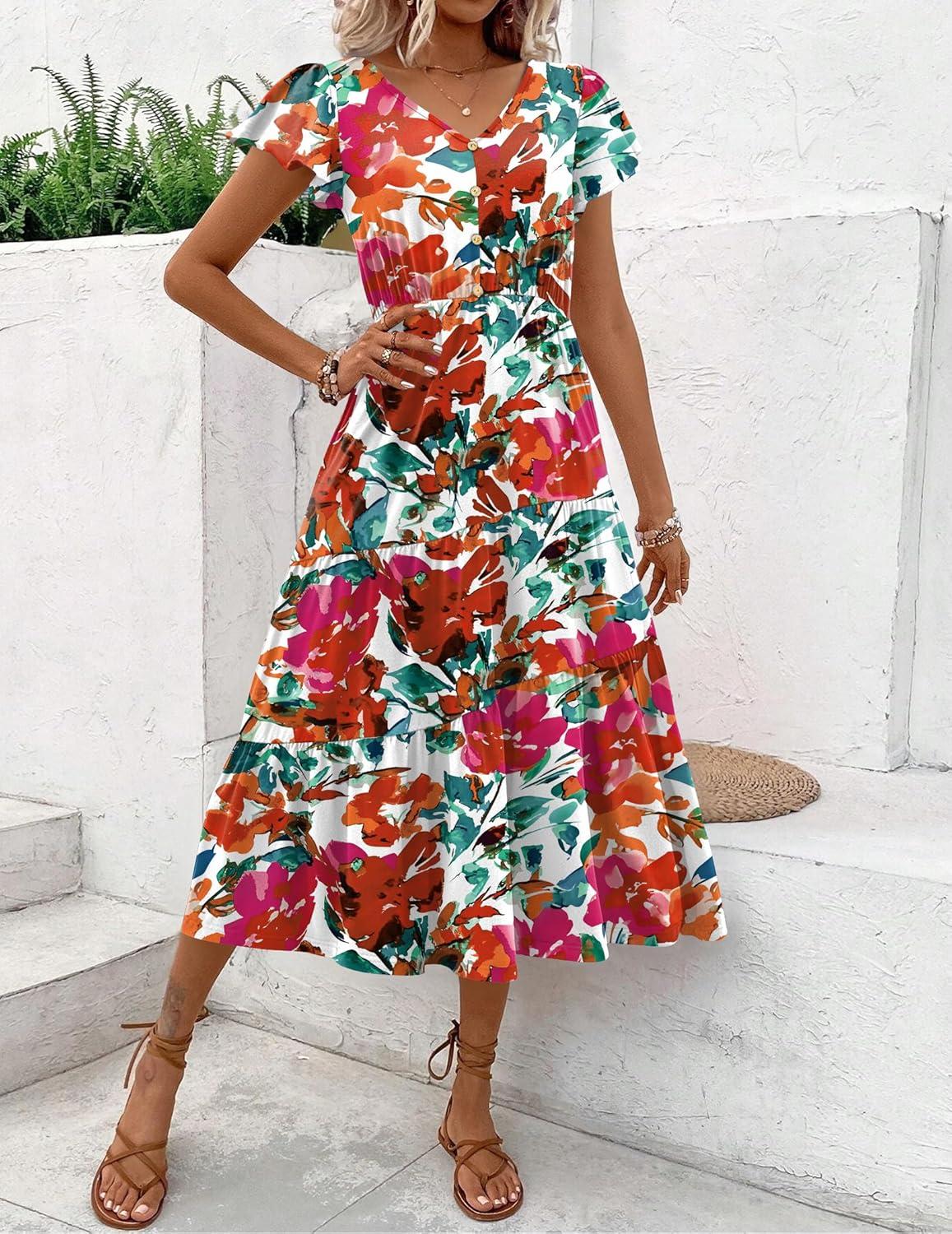 imageZeagoo Womens Summer Casual Dress Flutter Short Sleeve V Neck Button Down Tiered Flowy Long Dress with PocketsFloraldh14