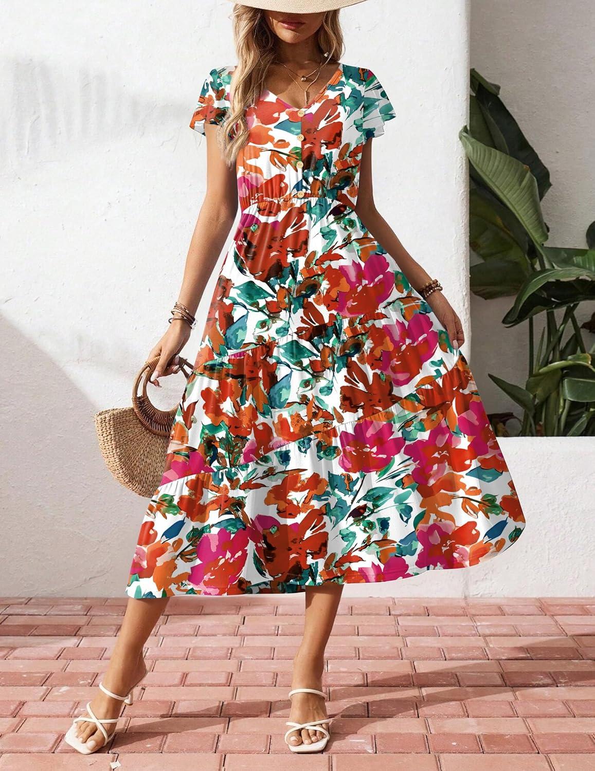 imageZeagoo Womens Summer Casual Dress Flutter Short Sleeve V Neck Button Down Tiered Flowy Long Dress with PocketsFloraldh14