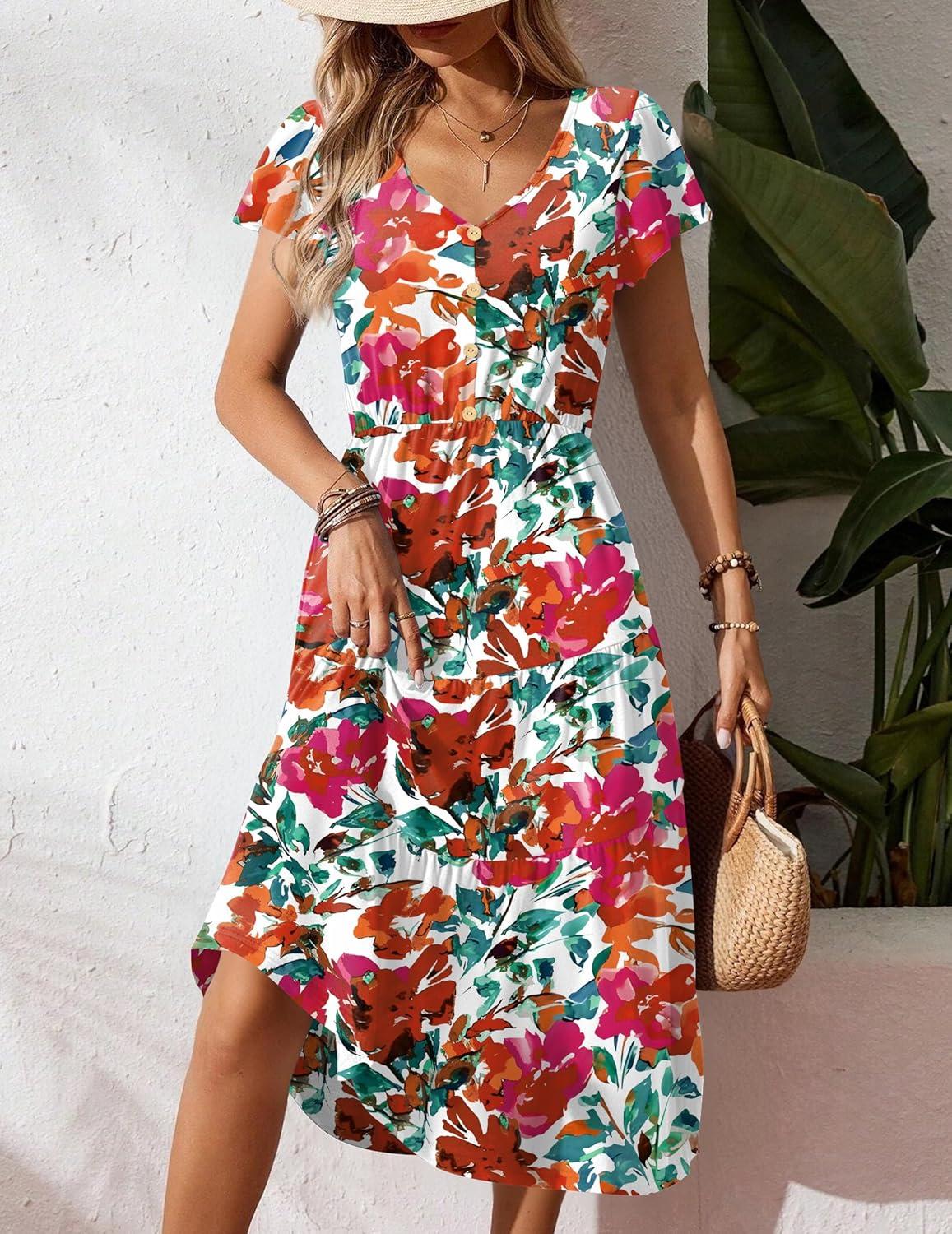 imageZeagoo Womens Summer Casual Dress Flutter Short Sleeve V Neck Button Down Tiered Flowy Long Dress with PocketsFloraldh14