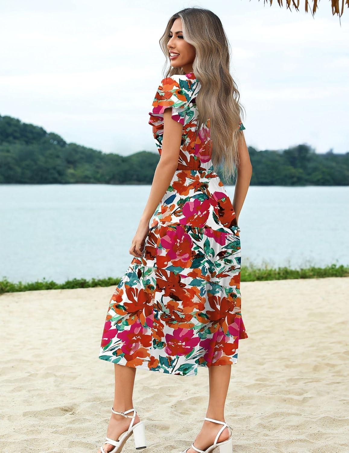 imageZeagoo Womens Summer Casual Dress Flutter Short Sleeve V Neck Button Down Tiered Flowy Long Dress with PocketsFloraldh14