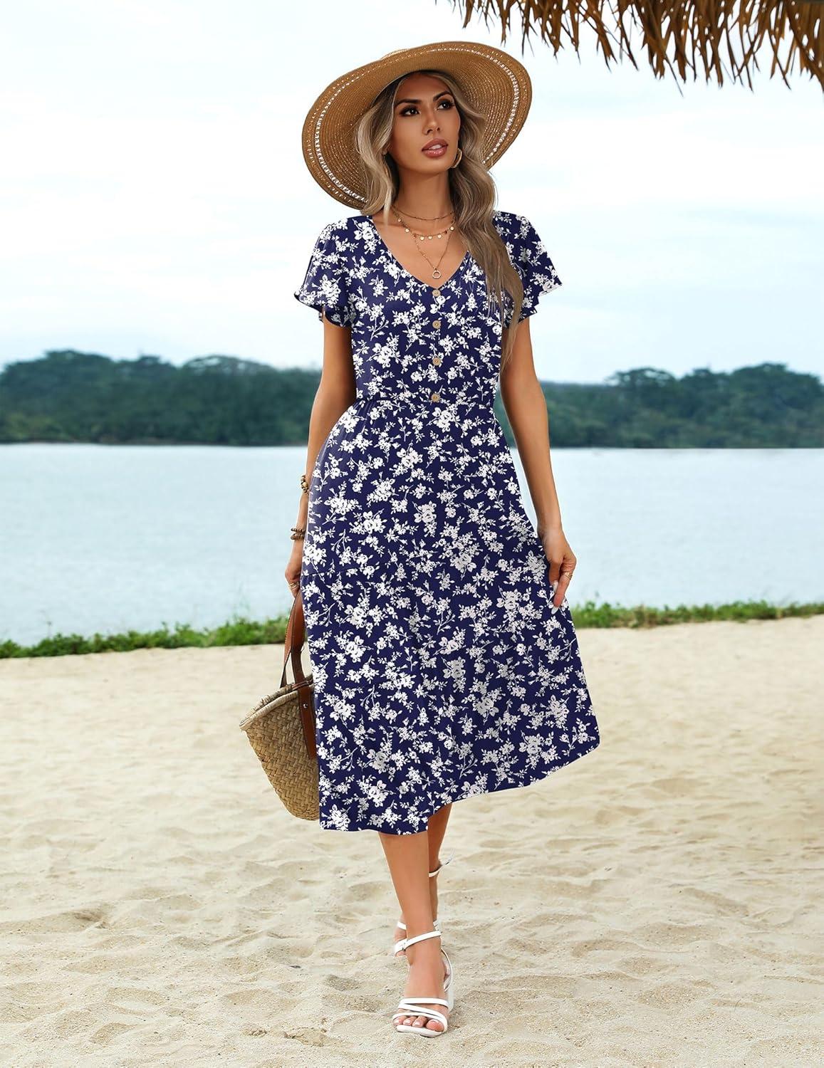imageZeagoo Womens Summer Casual Dress Flutter Short Sleeve V Neck Button Down Tiered Flowy Long Dress with PocketsFloralxh445
