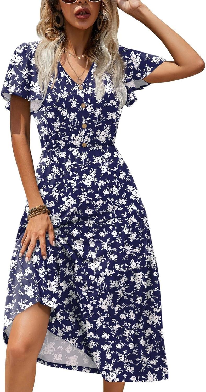 imageZeagoo Womens Summer Casual Dress Flutter Short Sleeve V Neck Button Down Tiered Flowy Long Dress with PocketsFloralxh445