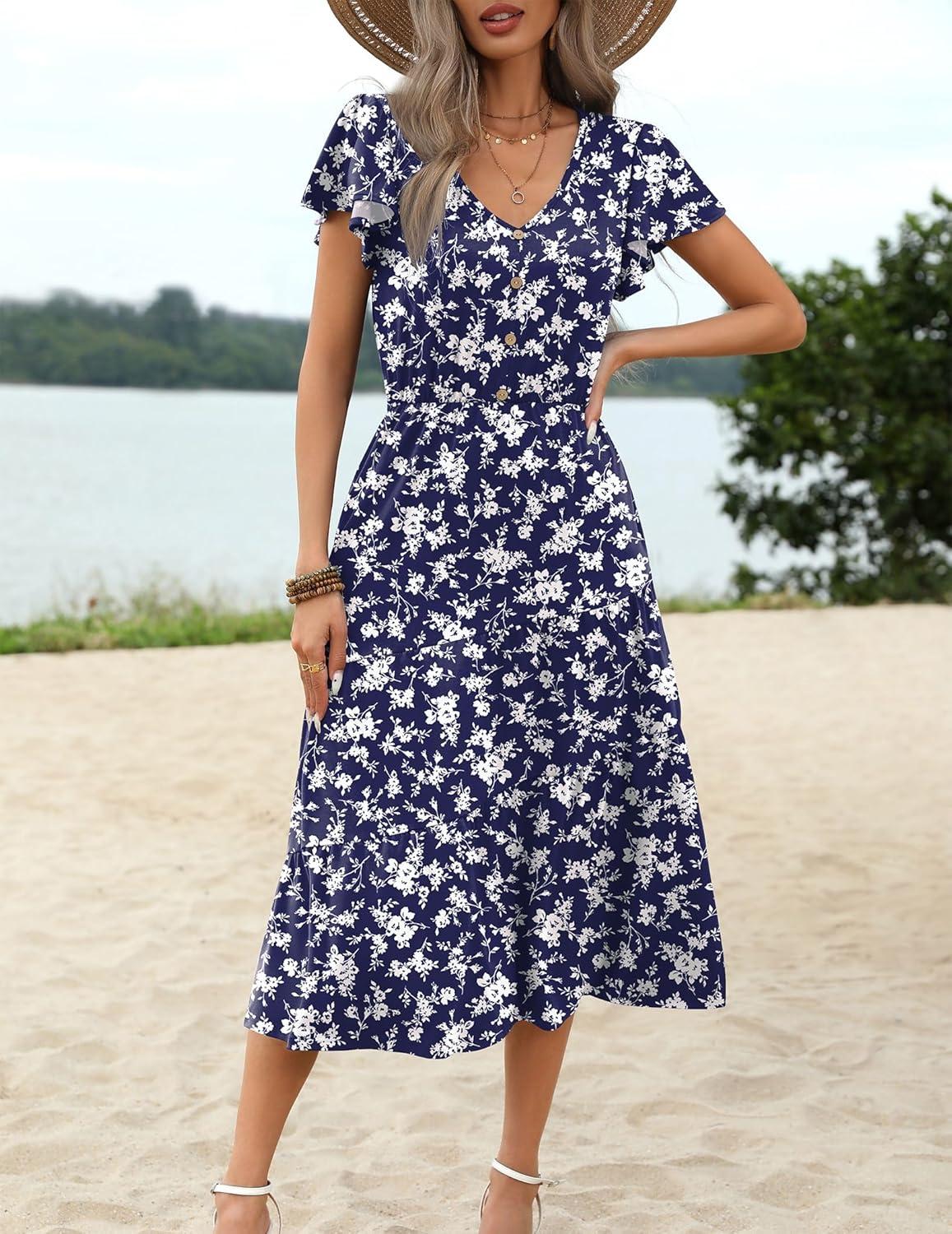 imageZeagoo Womens Summer Casual Dress Flutter Short Sleeve V Neck Button Down Tiered Flowy Long Dress with PocketsFloralxh445