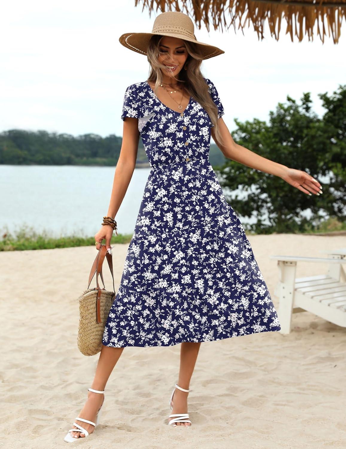 imageZeagoo Womens Summer Casual Dress Flutter Short Sleeve V Neck Button Down Tiered Flowy Long Dress with PocketsFloralxh445