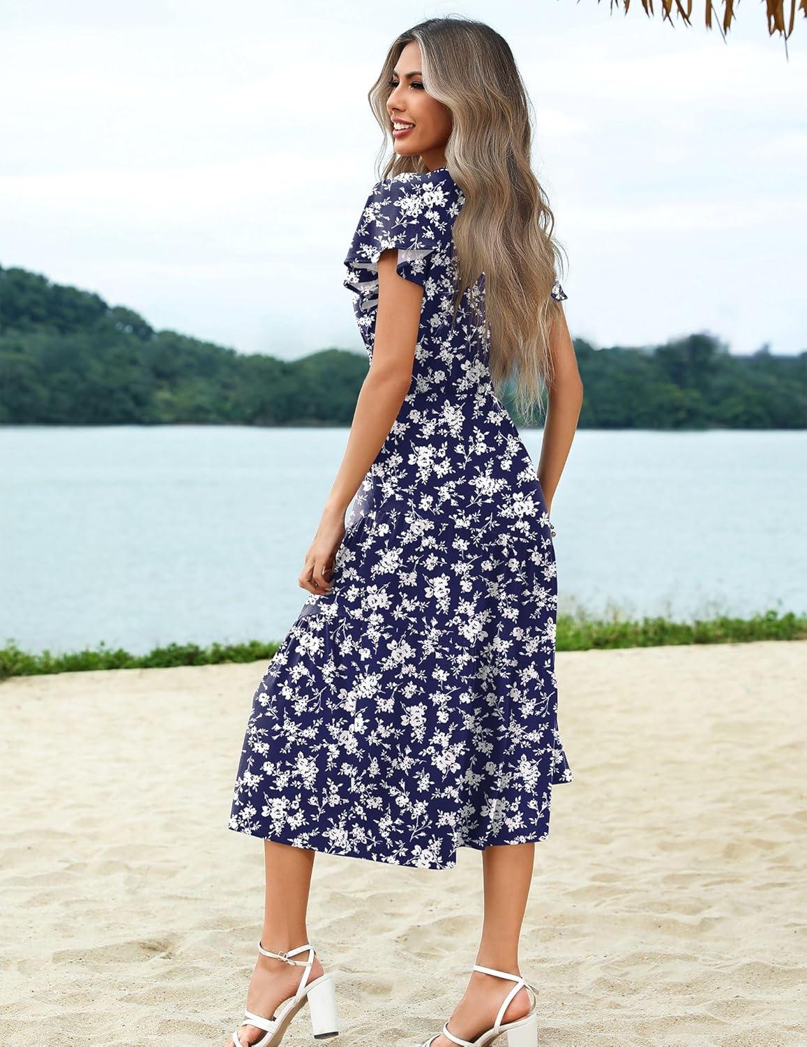 imageZeagoo Womens Summer Casual Dress Flutter Short Sleeve V Neck Button Down Tiered Flowy Long Dress with PocketsFloralxh445