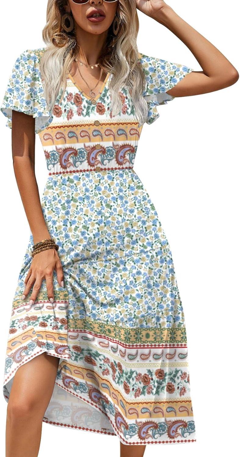 imageZeagoo Womens Summer Casual Dress Flutter Short Sleeve V Neck Button Down Tiered Flowy Long Dress with PocketsFloralxh446