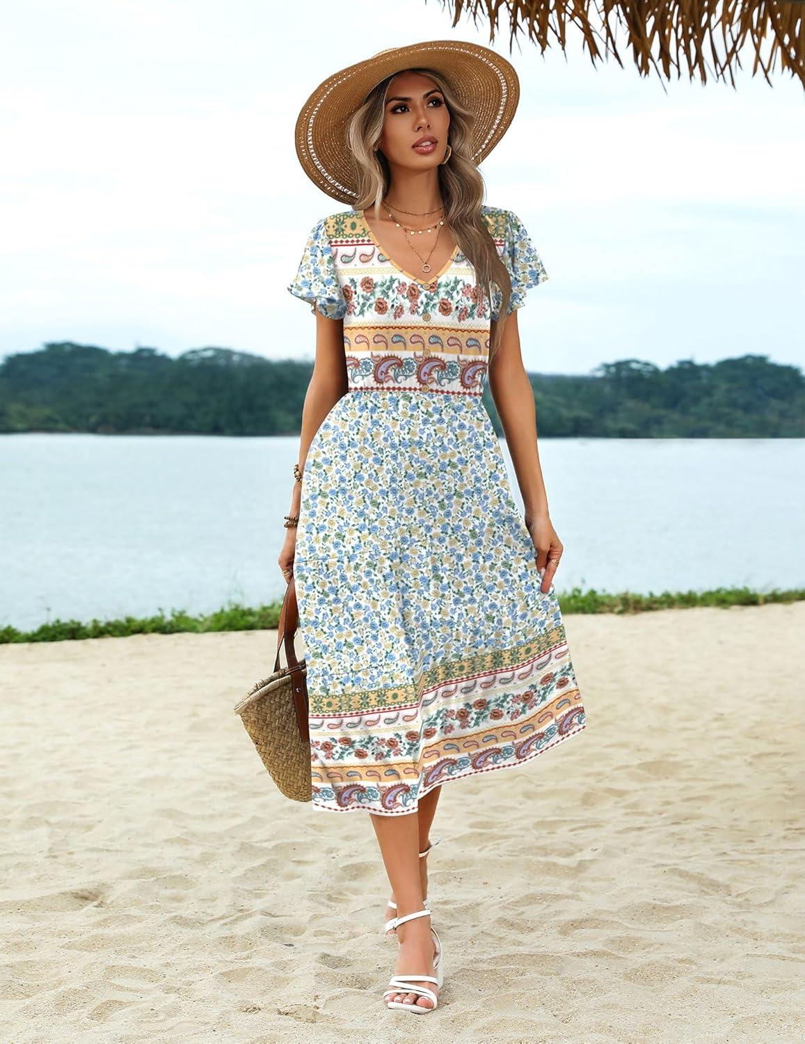 imageZeagoo Womens Summer Casual Dress Flutter Short Sleeve V Neck Button Down Tiered Flowy Long Dress with PocketsFloralxh446