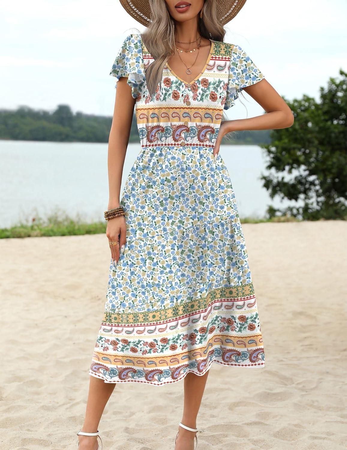 imageZeagoo Womens Summer Casual Dress Flutter Short Sleeve V Neck Button Down Tiered Flowy Long Dress with PocketsFloralxh446