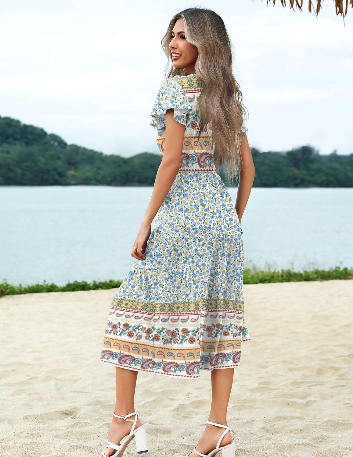 imageZeagoo Womens Summer Casual Dress Flutter Short Sleeve V Neck Button Down Tiered Flowy Long Dress with PocketsFloralxh446
