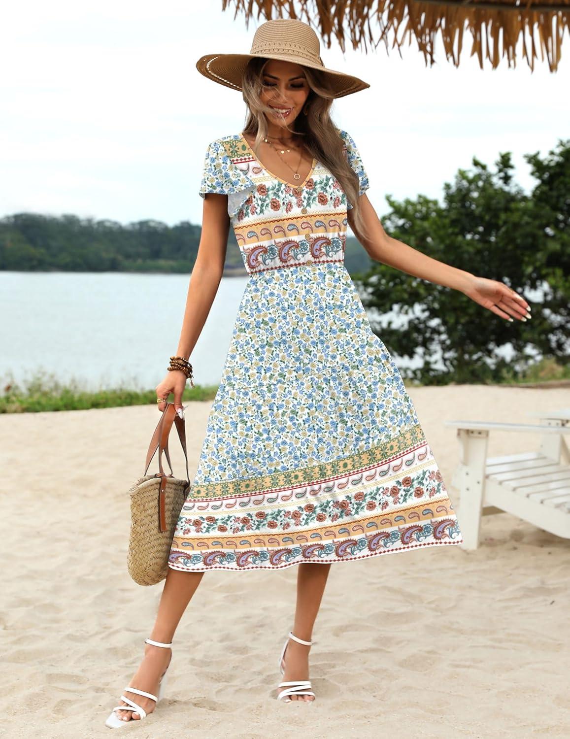 imageZeagoo Womens Summer Casual Dress Flutter Short Sleeve V Neck Button Down Tiered Flowy Long Dress with PocketsFloralxh446