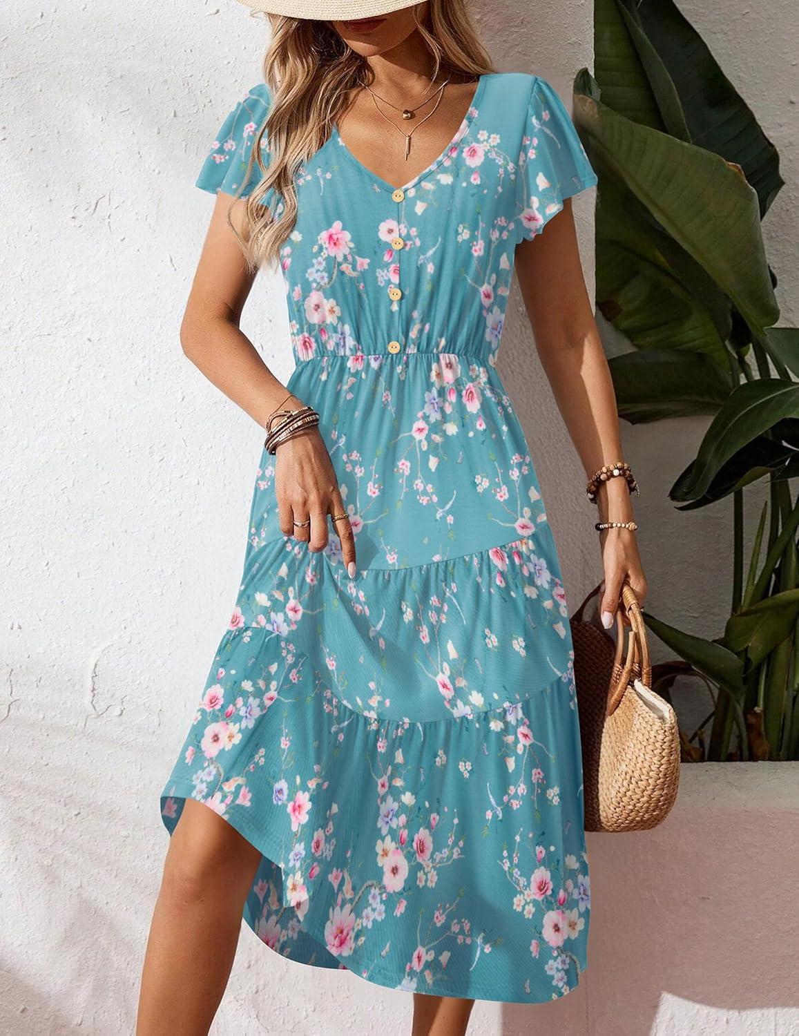 imageZeagoo Womens Summer Casual Dress Flutter Short Sleeve V Neck Button Down Tiered Flowy Long Dress with PocketsFloralzw774