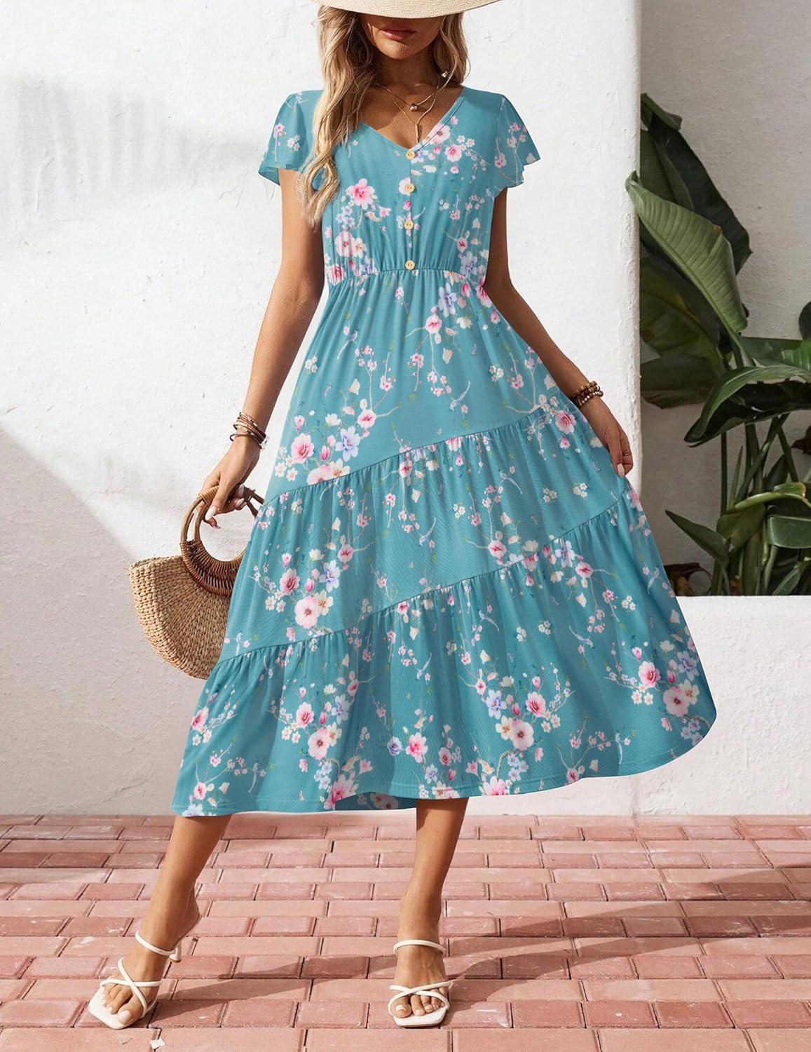 imageZeagoo Womens Summer Casual Dress Flutter Short Sleeve V Neck Button Down Tiered Flowy Long Dress with PocketsFloralzw774