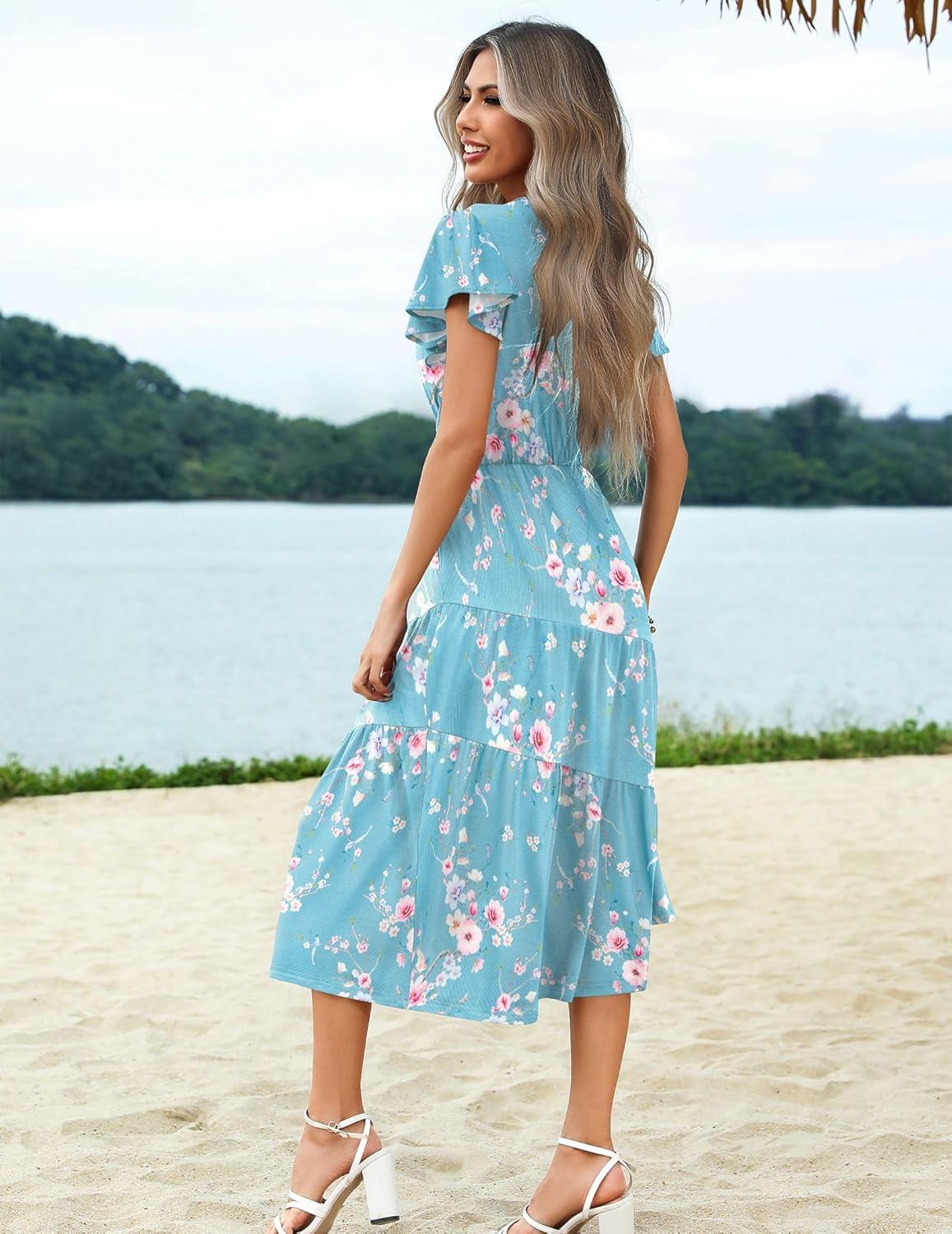 imageZeagoo Womens Summer Casual Dress Flutter Short Sleeve V Neck Button Down Tiered Flowy Long Dress with PocketsFloralzw774