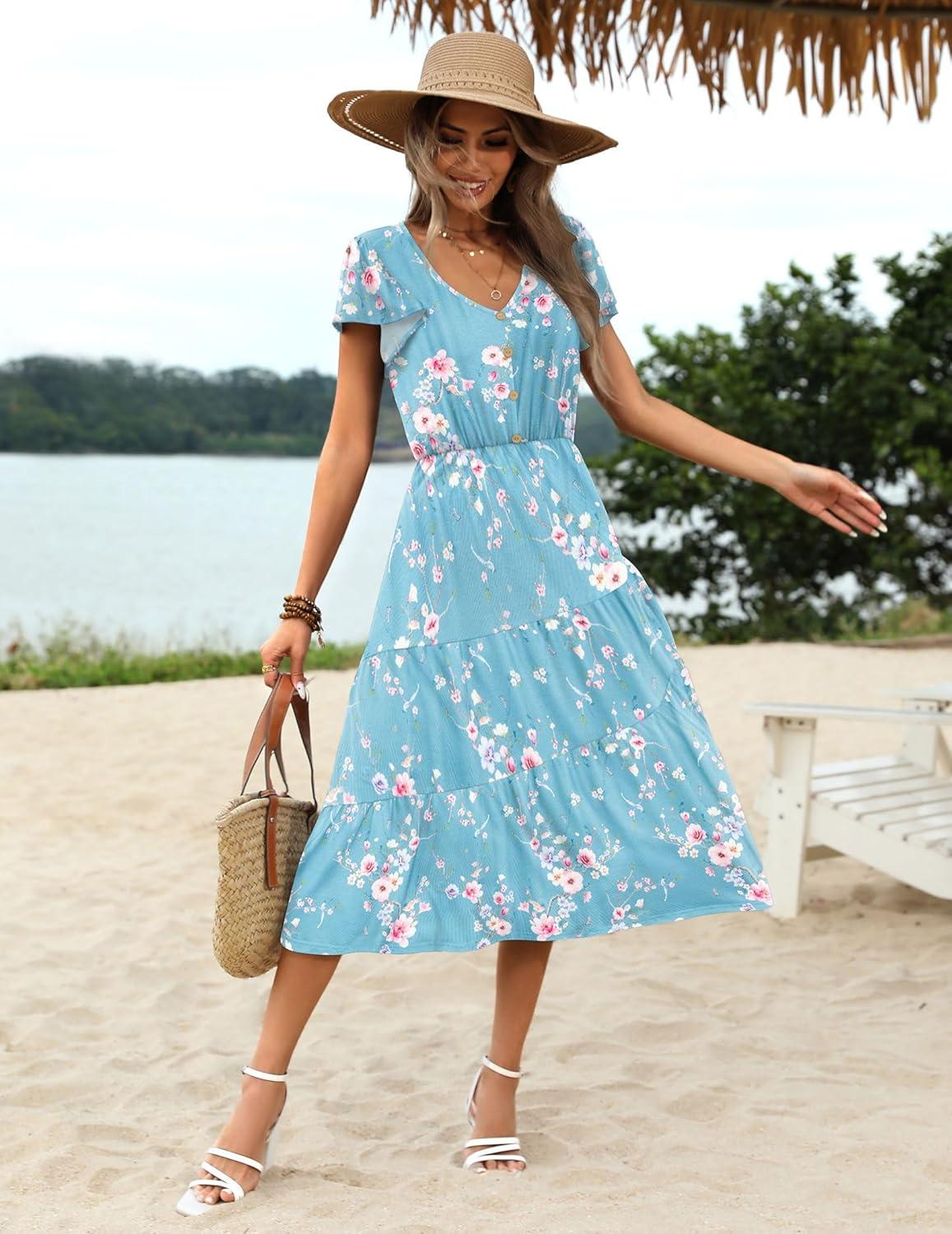 imageZeagoo Womens Summer Casual Dress Flutter Short Sleeve V Neck Button Down Tiered Flowy Long Dress with PocketsFloralzw774