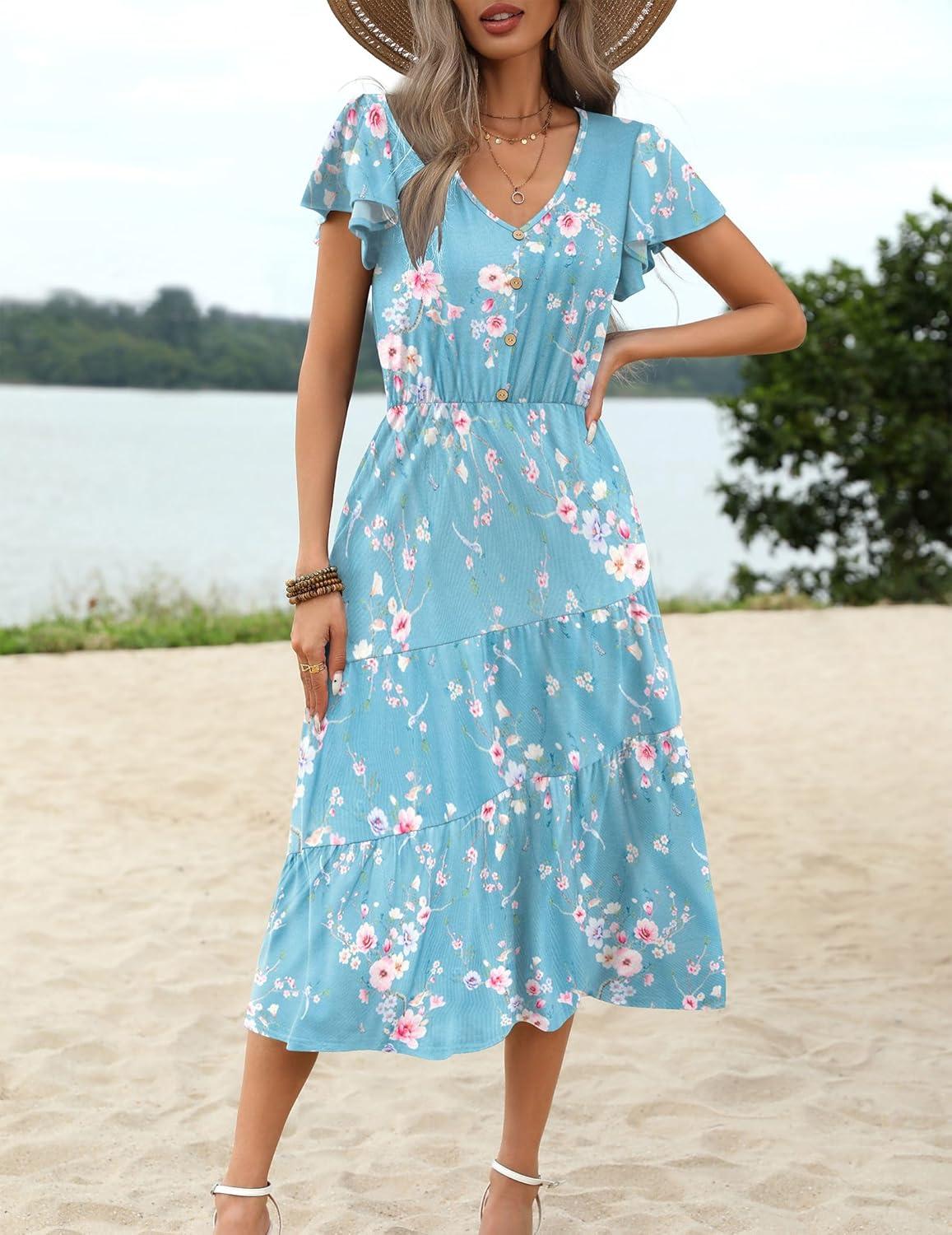 imageZeagoo Womens Summer Casual Dress Flutter Short Sleeve V Neck Button Down Tiered Flowy Long Dress with PocketsFloralzw774