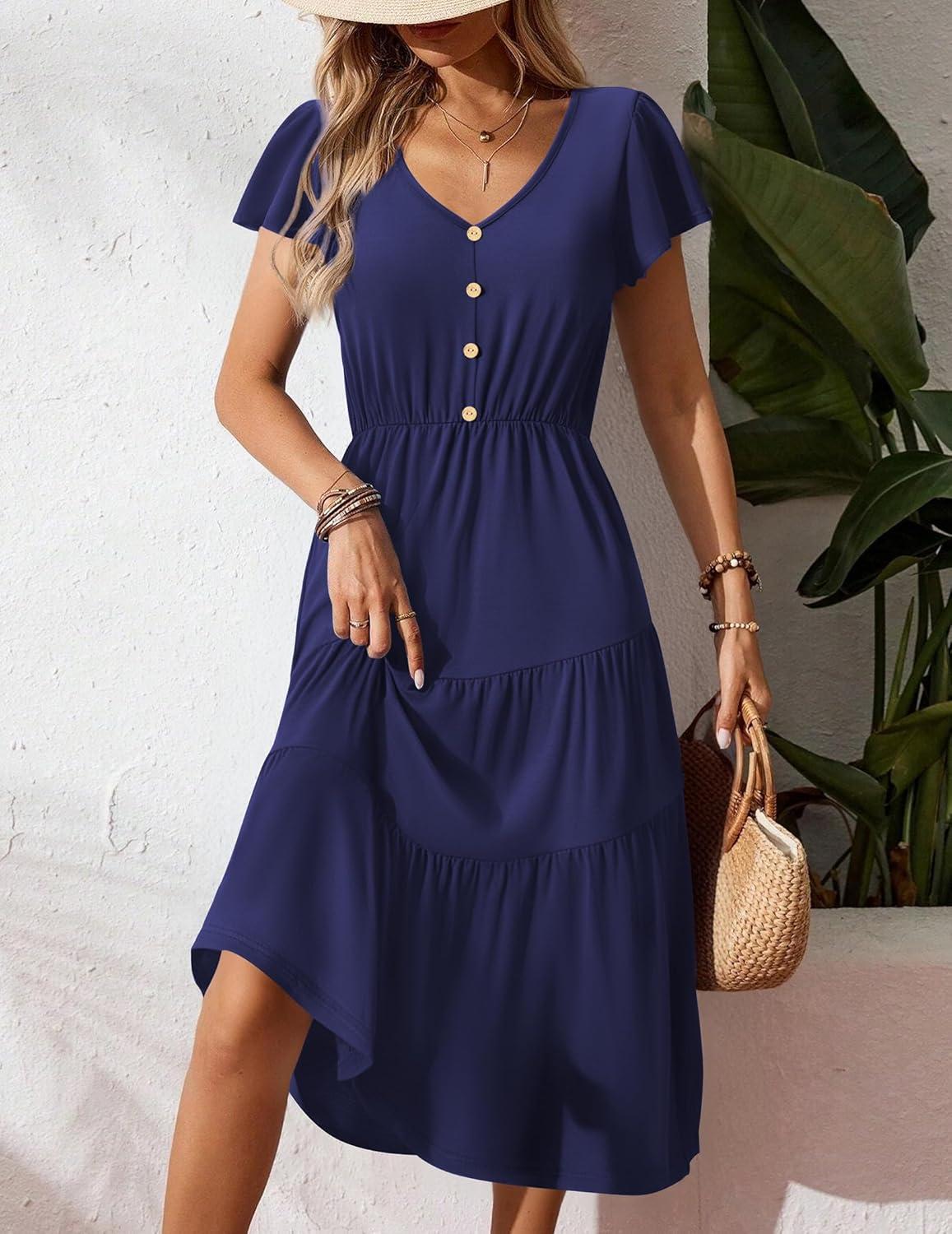 imageZeagoo Womens Summer Casual Dress Flutter Short Sleeve V Neck Button Down Tiered Flowy Long Dress with PocketsNavy Blue
