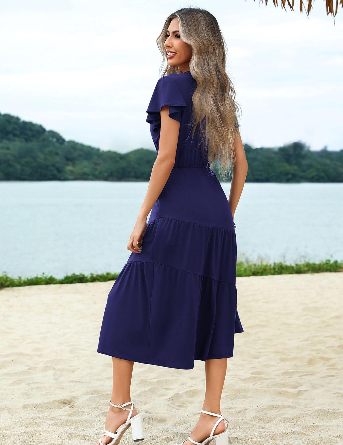 imageZeagoo Womens Summer Casual Dress Flutter Short Sleeve V Neck Button Down Tiered Flowy Long Dress with PocketsNavy Blue