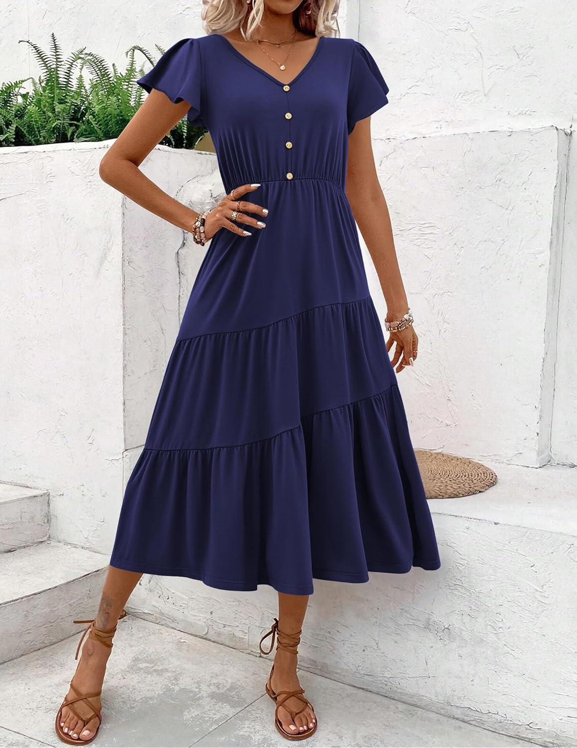 imageZeagoo Womens Summer Casual Dress Flutter Short Sleeve V Neck Button Down Tiered Flowy Long Dress with PocketsNavy Blue