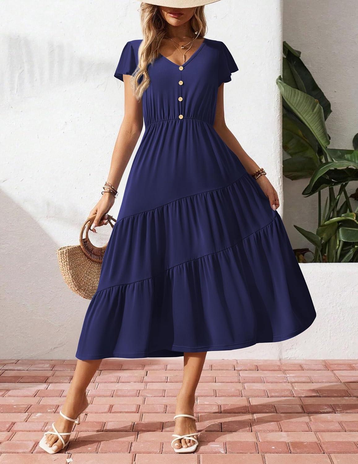 imageZeagoo Womens Summer Casual Dress Flutter Short Sleeve V Neck Button Down Tiered Flowy Long Dress with PocketsNavy Blue