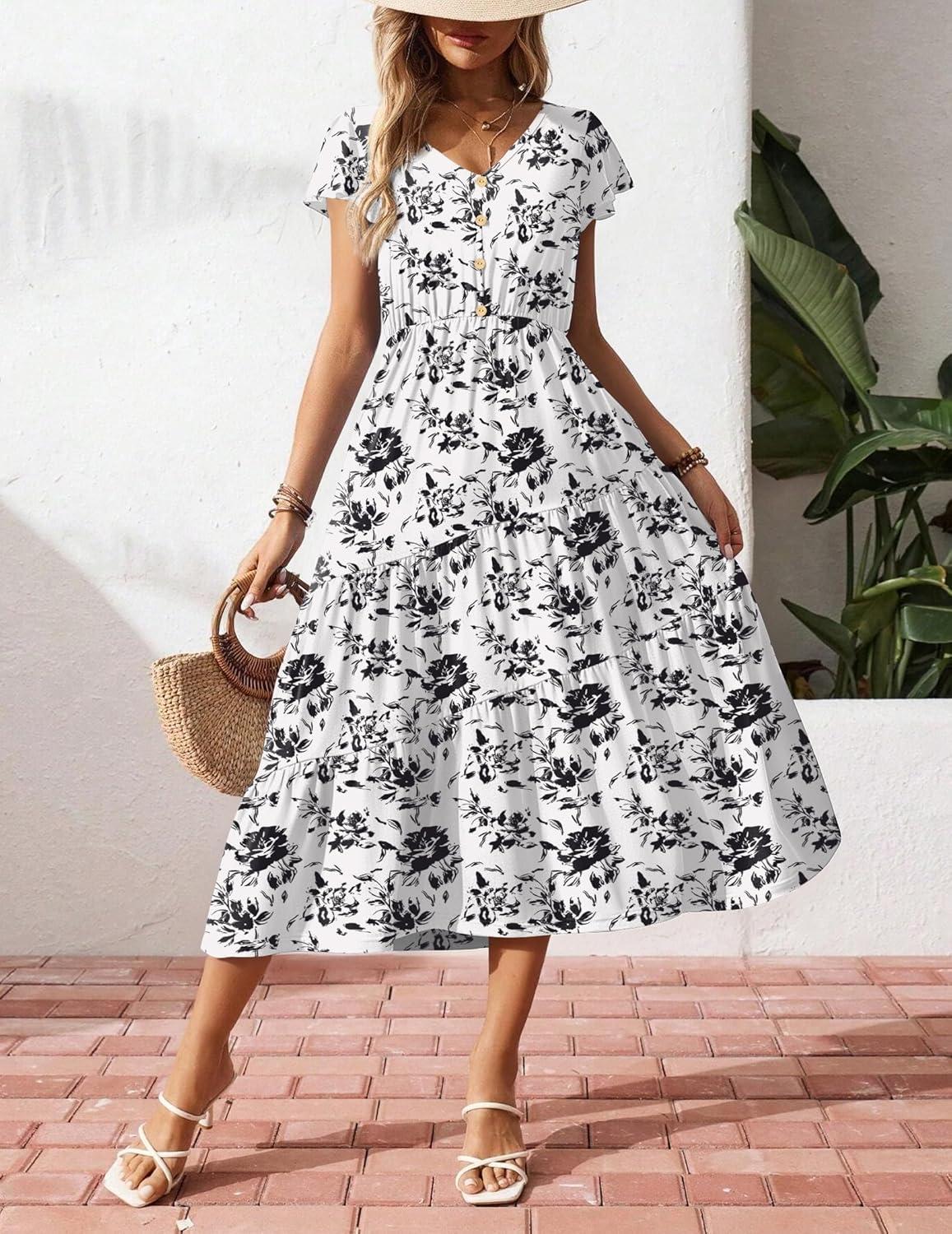 imageZeagoo Womens Summer Casual Dress Flutter Short Sleeve V Neck Button Down Tiered Flowy Long Dress with PocketsSf196
