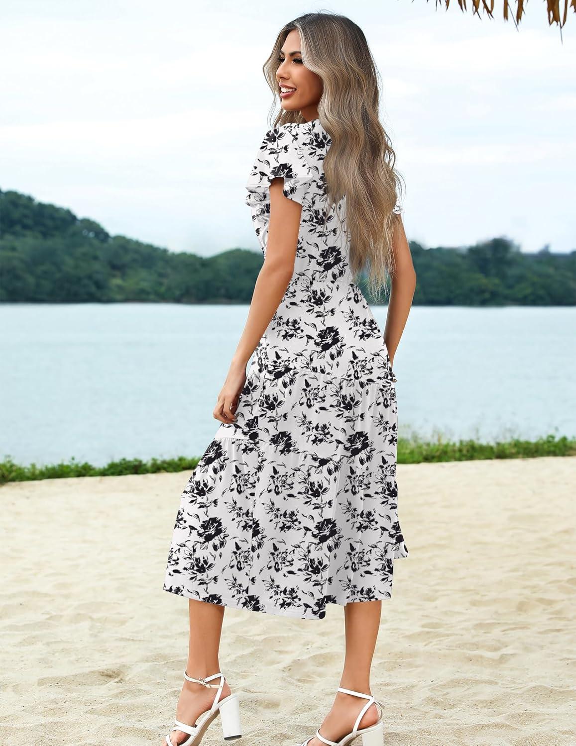imageZeagoo Womens Summer Casual Dress Flutter Short Sleeve V Neck Button Down Tiered Flowy Long Dress with PocketsSf196