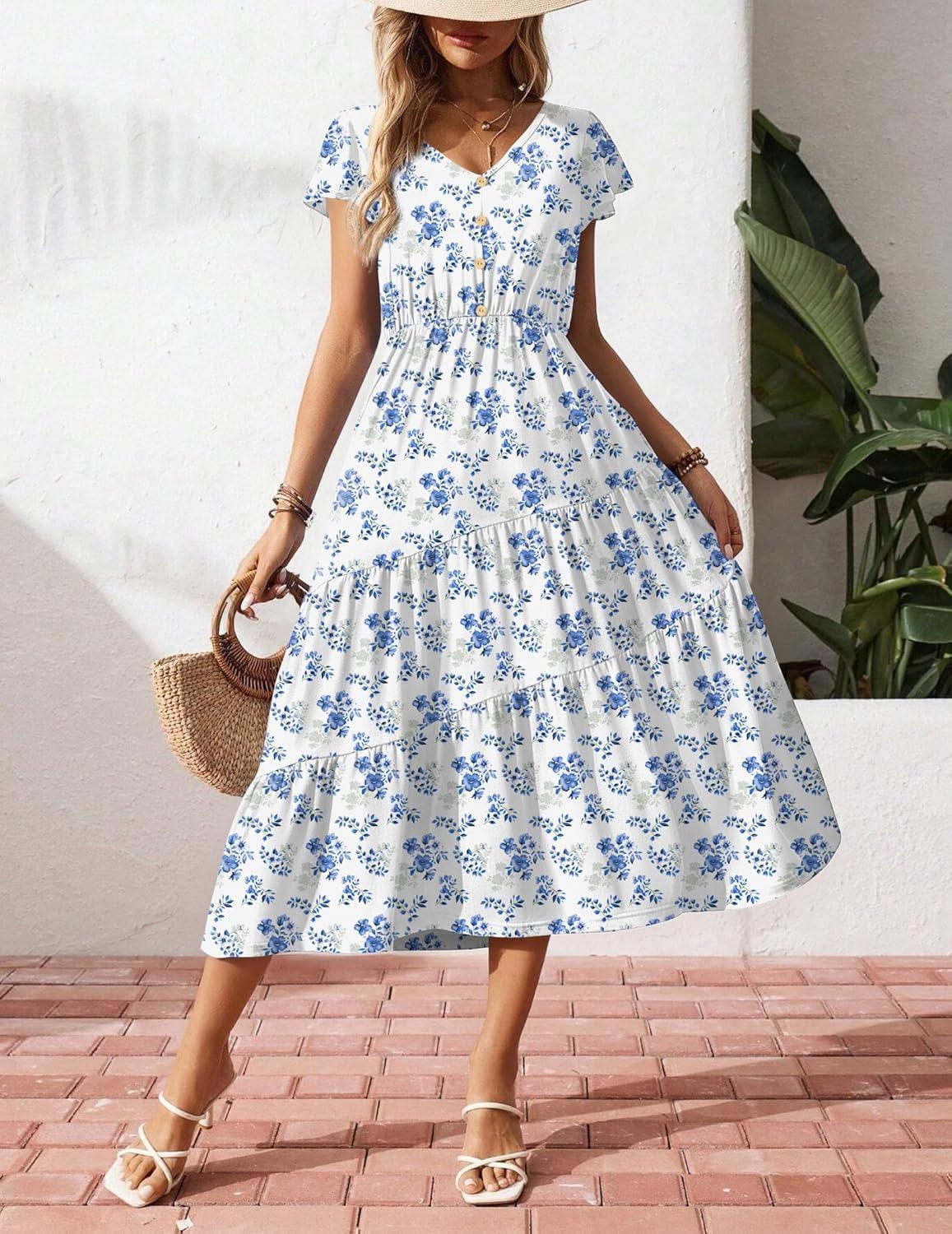 imageZeagoo Womens Summer Casual Dress Flutter Short Sleeve V Neck Button Down Tiered Flowy Long Dress with PocketsXh419