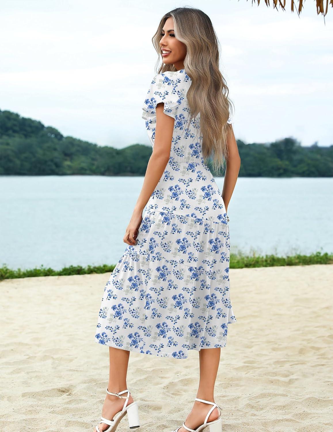 imageZeagoo Womens Summer Casual Dress Flutter Short Sleeve V Neck Button Down Tiered Flowy Long Dress with PocketsXh419