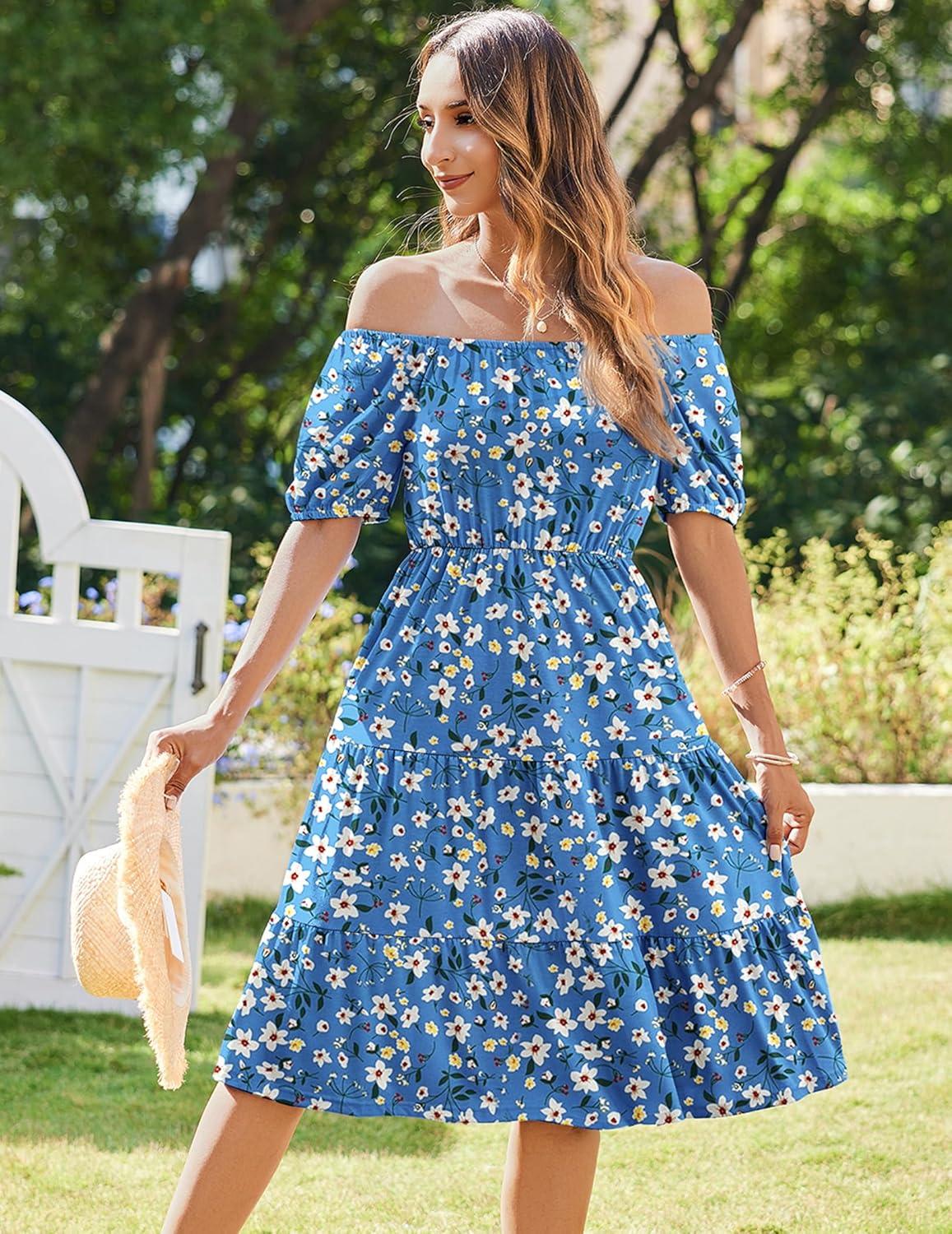 imageZeagoo Womens Summer Dress Casual Puff Sleeve Square Neck Midi Dresses Tiered Beach Vacation ALine Sundress with Pockets01floral