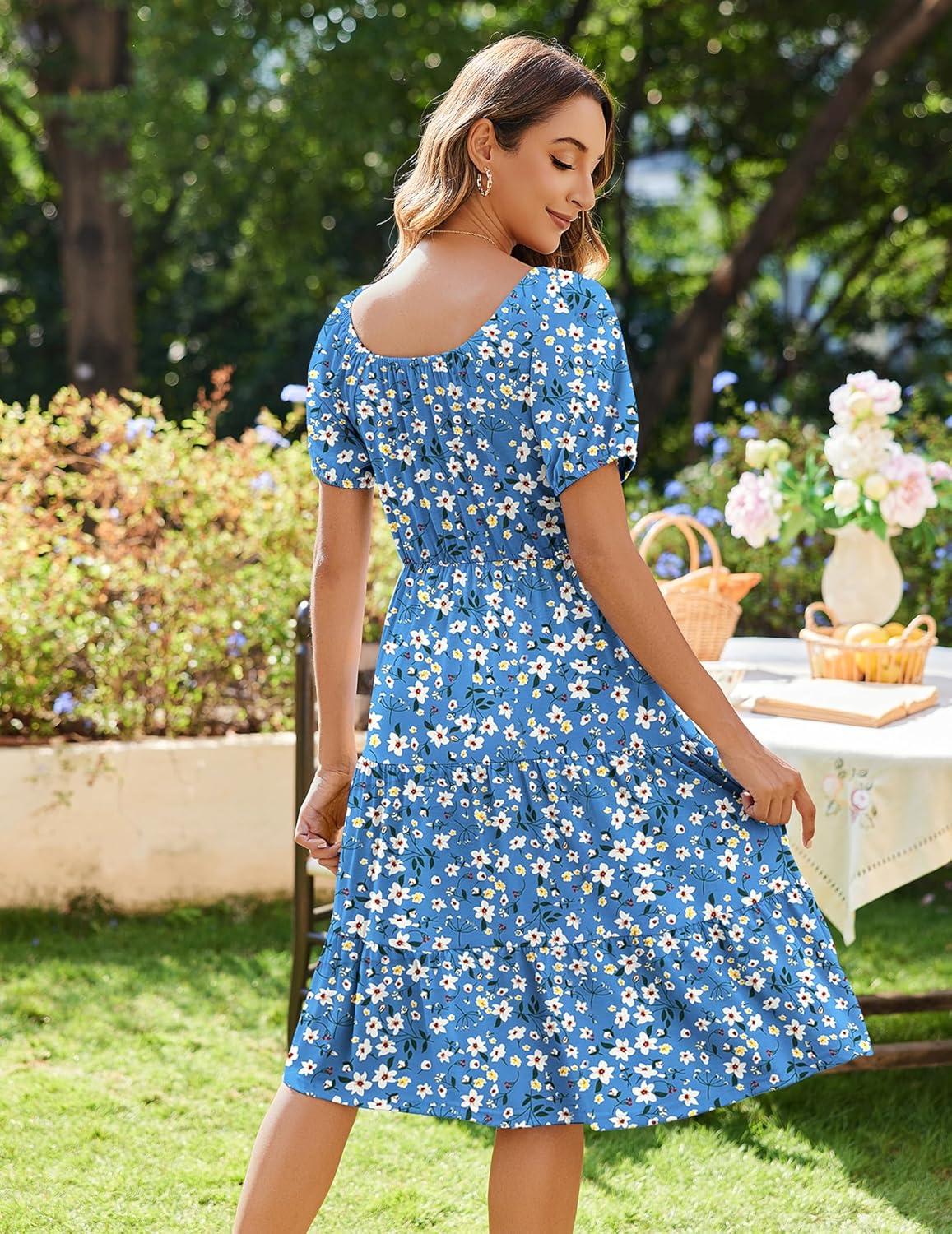 imageZeagoo Womens Summer Dress Casual Puff Sleeve Square Neck Midi Dresses Tiered Beach Vacation ALine Sundress with Pockets01floral