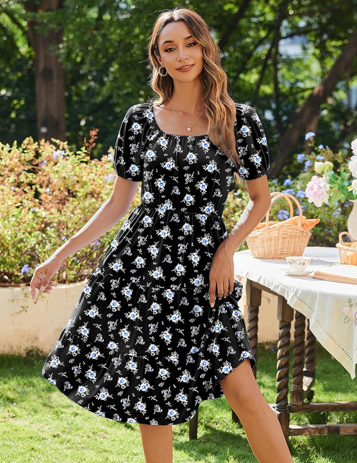 imageZeagoo Womens Summer Dress Casual Puff Sleeve Square Neck Midi Dresses Tiered Beach Vacation ALine Sundress with PocketsBlack Floral 1