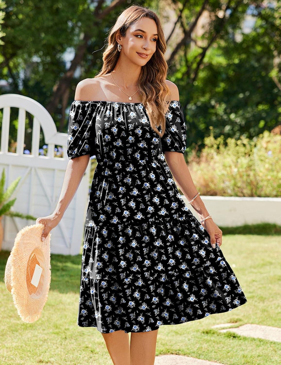 imageZeagoo Womens Summer Dress Casual Puff Sleeve Square Neck Midi Dresses Tiered Beach Vacation ALine Sundress with PocketsBlack Floral 1