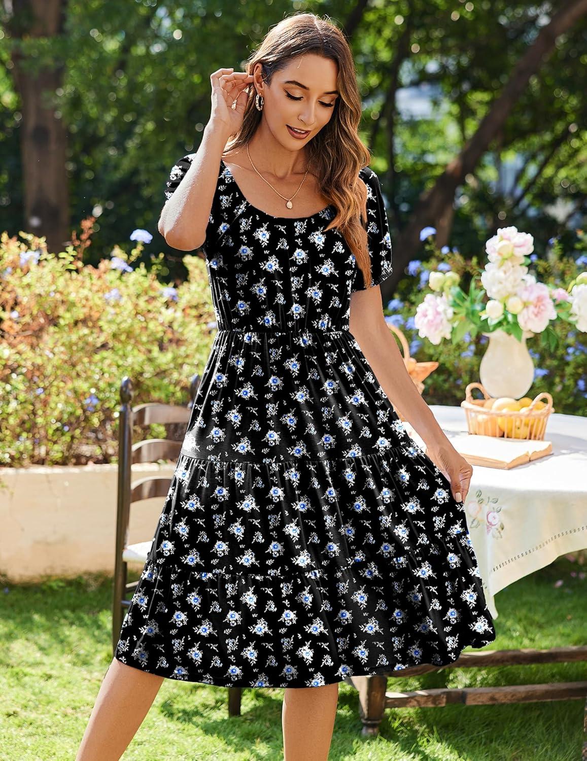 imageZeagoo Womens Summer Dress Casual Puff Sleeve Square Neck Midi Dresses Tiered Beach Vacation ALine Sundress with PocketsBlack Floral 1