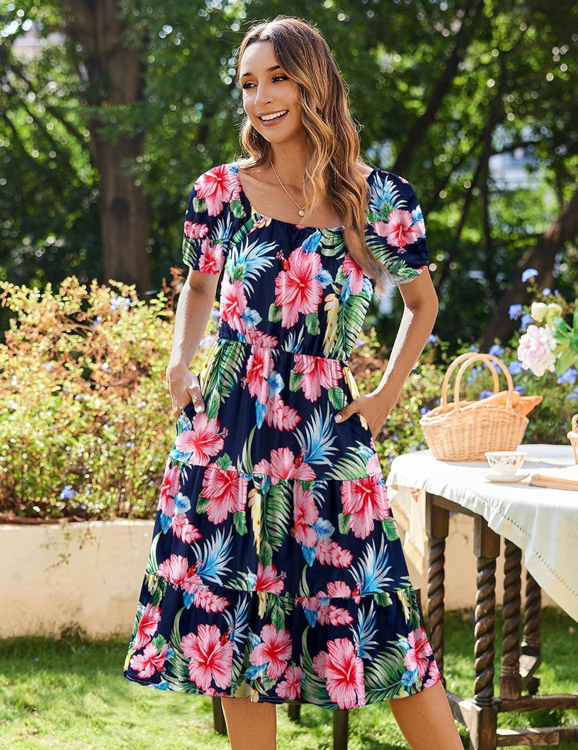 imageZeagoo Womens Summer Dress Casual Puff Sleeve Square Neck Midi Dresses Tiered Beach Vacation ALine Sundress with PocketsPink Green Floral